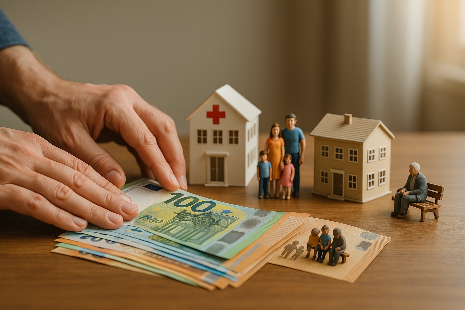 Ein fotorealistisches Bild zeigt zwei Hände, die Euro-Banknoten auf einen Holztisch legen. Auf dem Tisch stehen Miniaturmodelle: ein Krankenhaus mit rotem Kreuz, eine kleine Schule mit der Aufschrift „École“, eine Familienfigur mit zwei Kindern und ein älterer Mann auf einer Bank – Symbole für die belgischen Sozialleistungen.