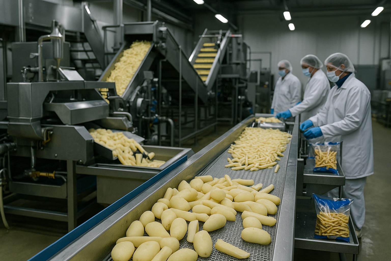 Ein hochauflösendes Foto zeigt das Innere einer belgischen Fabrik für tiefgekühlte Pommes frites. Im Vordergrund laufen geschälte Kartoffeln über ein Förderband, während im Hintergrund Arbeiter in weißer Schutzkleidung und Masken die geschnittenen Pommes verpacken.