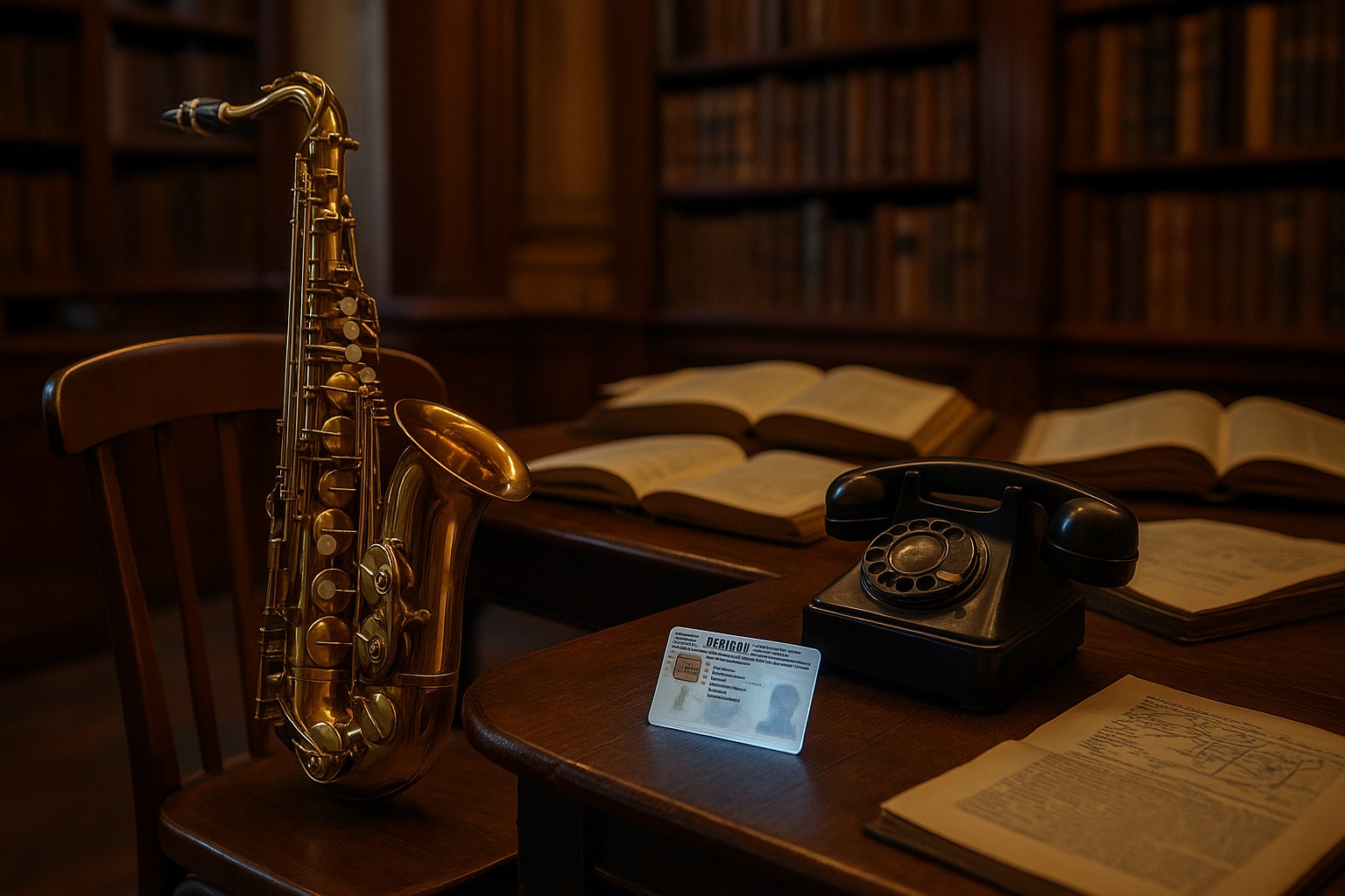 Ein Stillleben in einer historischen Bibliothek: Ein goldenes Saxophon lehnt an einem Holzstuhl, ein Bakelit-Drehtelefon und eine belgische elektronische ID-Karte liegen auf dem Tisch, daneben aufgeschlagene Bücher im Hintergrund.