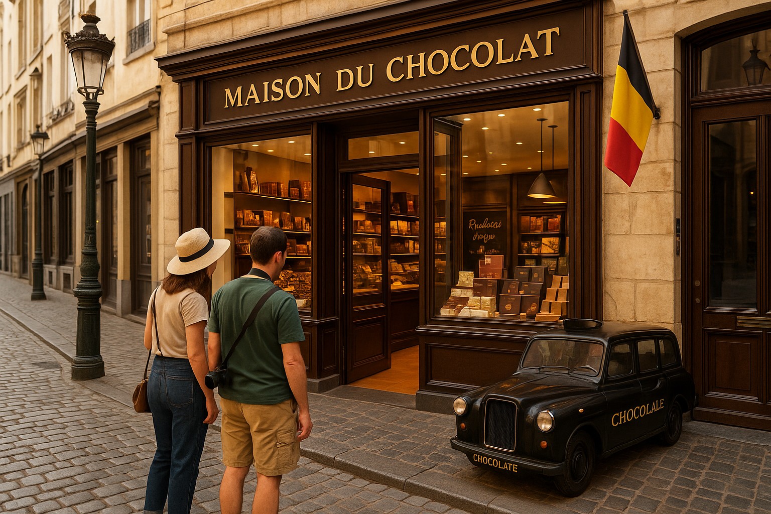 Ein Foto zeigt zwei Touristen, die vor dem Schaufenster eines Schokoladengeschäfts namens „Maison du Chocolat“ in Brüssel stehen. Im Schaufenster sind kunstvoll präsentierte belgische Pralinen zu sehen, daneben ein kleines Schokoladentaxi mit der Aufschrift „CHOCOLATE“. Die Szene spielt sich auf einer gepflasterten Altstadtstraße bei Tageslicht ab.