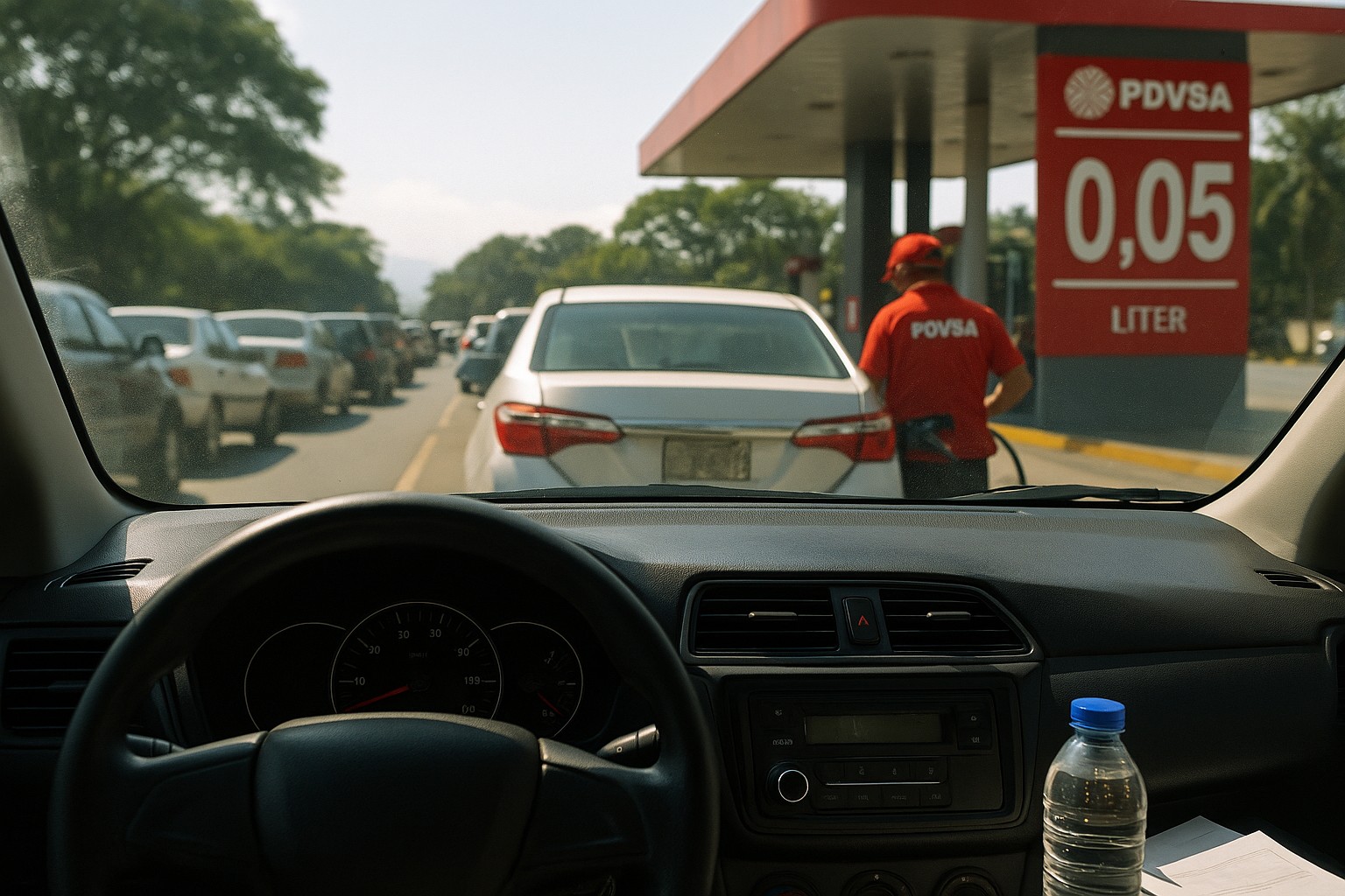 Blick aus dem Inneren eines Autos an einer venezolanischen Tankstelle: Das Armaturenbrett mit fast leerer Tankanzeige im Vordergrund, durch die Windschutzscheibe sieht man eine lange Autoschlange und einen PDVSA-Mitarbeiter im roten Overall, der einen Wagen betankt. Auf der Preistafel steht „0,05 VES pro Liter“.
