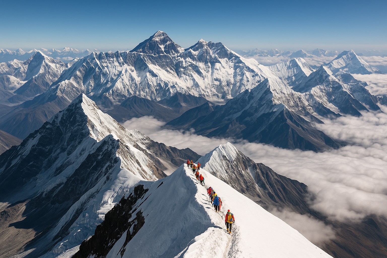 Ein hochauflösendes Foto zeigt Bergsteiger in leuchtenden Jacken, die auf einem schmalen, schneebedeckten Grat in den nepalesischen Himalaya steigen, während im Hintergrund majestätische Gipfel wie der Mount Everest aufragen.