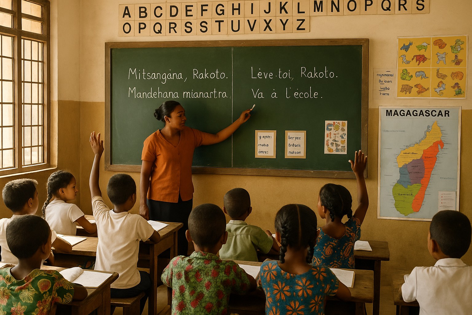 Ein Klassenzimmer in Madagaskar: Eine Lehrerin zeigt auf die Tafel, wo Sätze auf Malagasisch und Französisch nebeneinander geschrieben sind, während Schüler aufmerksam zuhören und Hände heben.