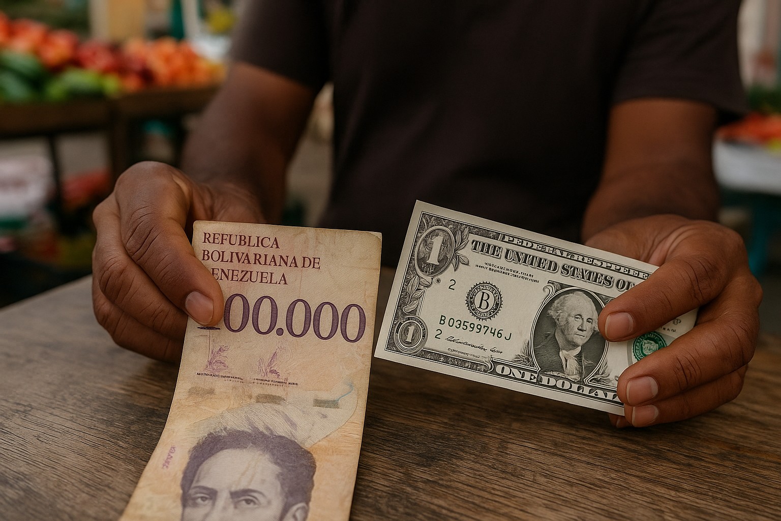 Realistische Nahaufnahme: Zwei Hände halten nebeneinander einen abgenutzten 100.000-Bolívar-Schein und einen klaren 1-US-Dollar in einem venezolanischen Straßenmarkt; Holztisch im Vordergrund, unscharfes Marktgemüse im Hintergrund.
