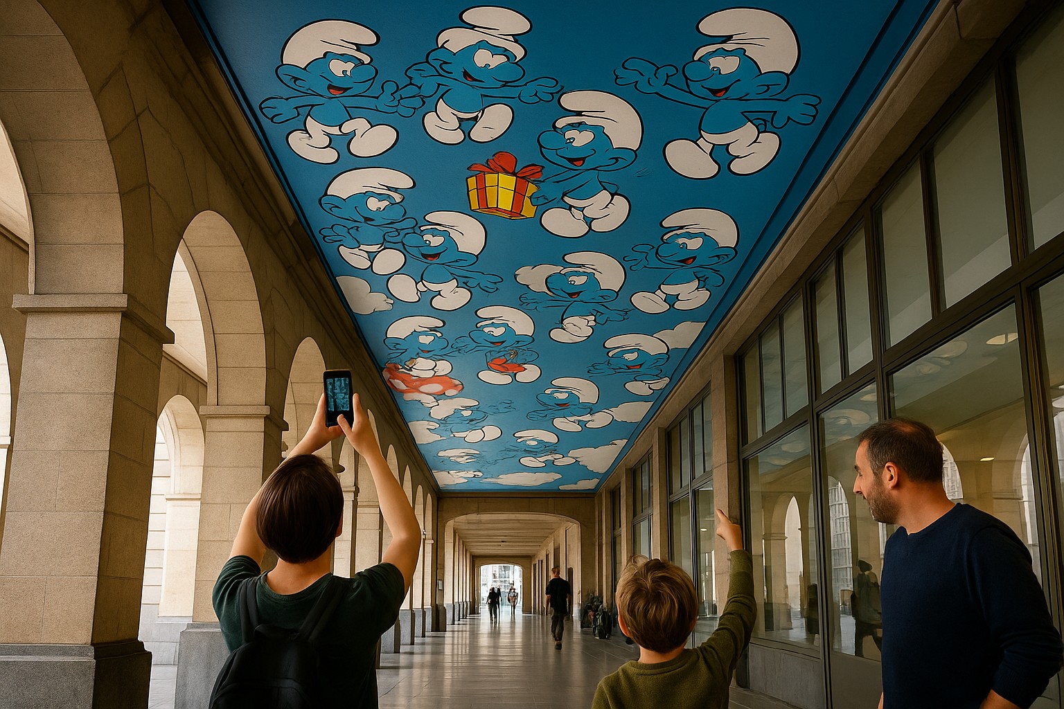 Ein hochauflösendes Foto zeigt den berühmten Schlümpfe-Deckenmalerei-Passage in Brüssel. Touristen blicken nach oben und fotografieren die Comicfiguren, während ein Kind mit ausgestrecktem Arm auf die blauen Schlümpfe deutet. Der überdachte Gang ist von Steinbögen und Glasfassaden gesäumt.