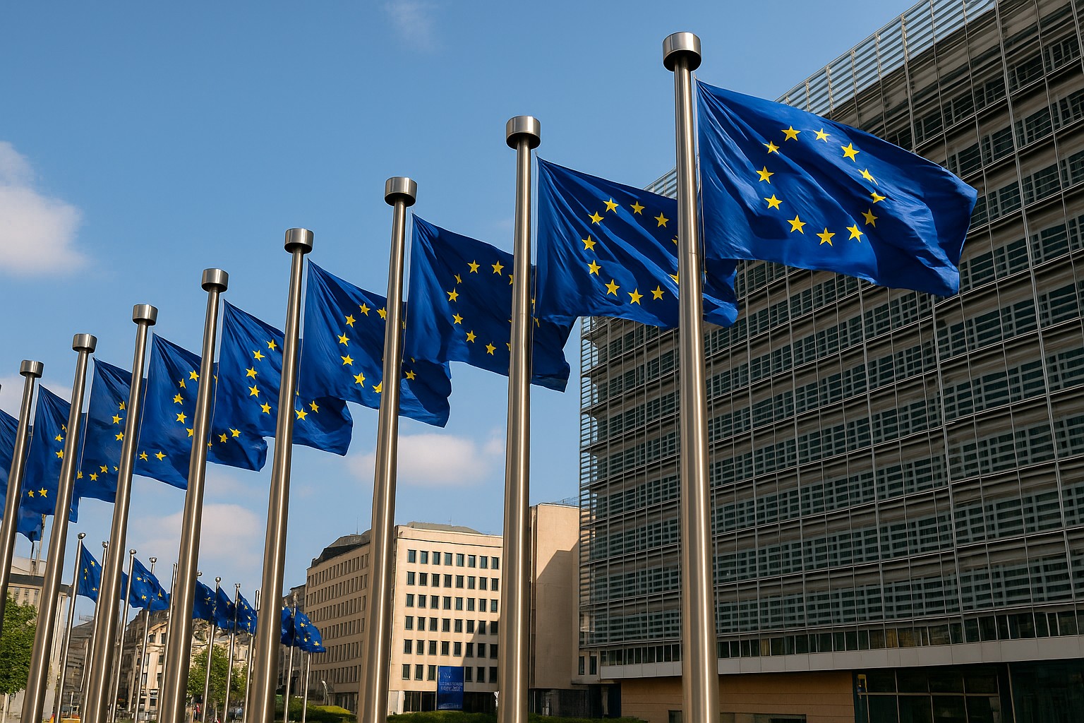 Reihe von EU-Flaggen weht vor dem modernen Glas- und Stahlbau des Berlaymont-Gebäudes im Europaviertel von Brüssel.