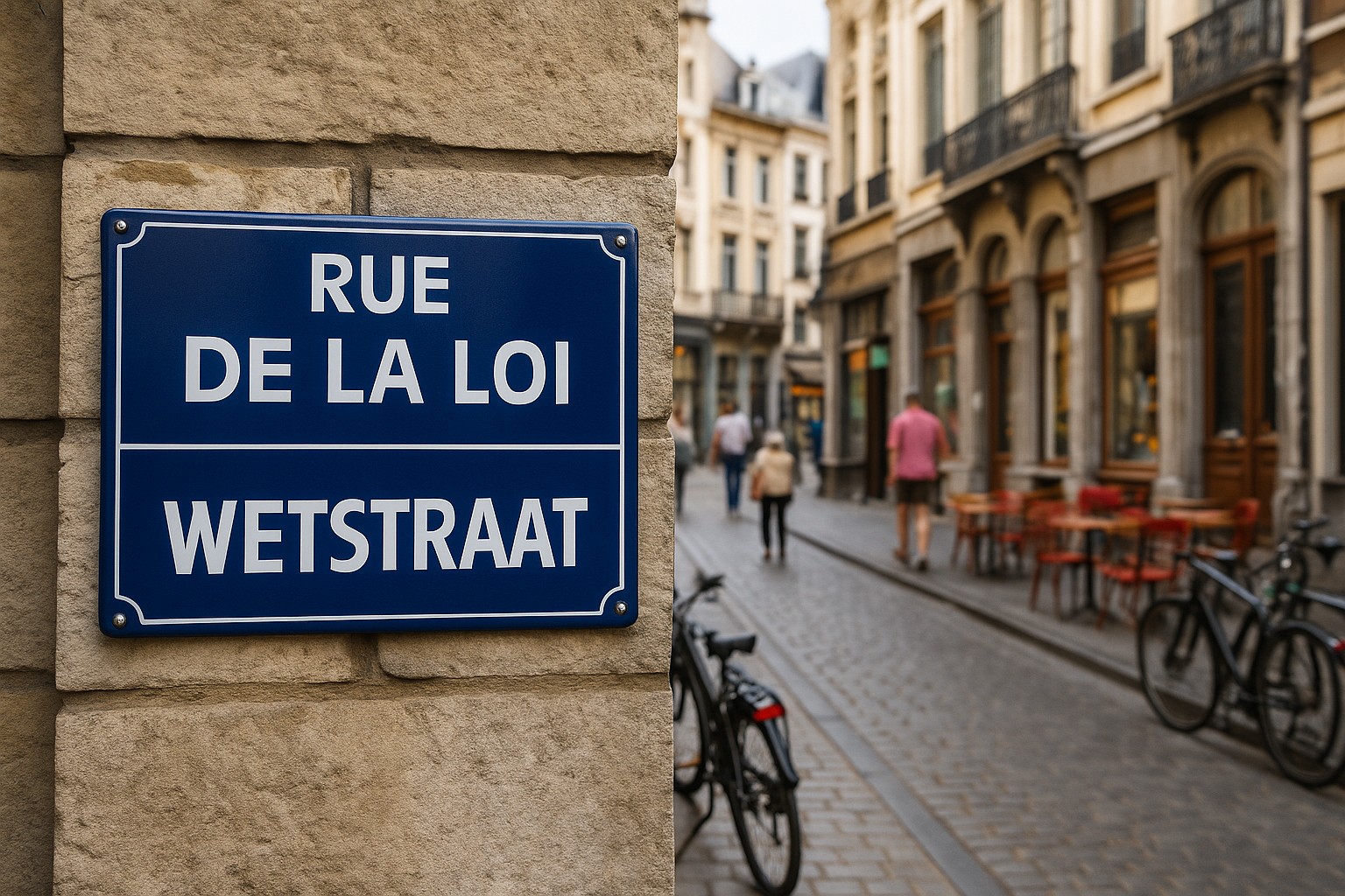 Eine Straßenszene in Brüssel mit zweisprachigen Straßenschildern auf Niederländisch und Französisch, typischen europäischen Gebäuden und Passanten, die durch das Zentrum der belgischen Hauptstadt gehen.