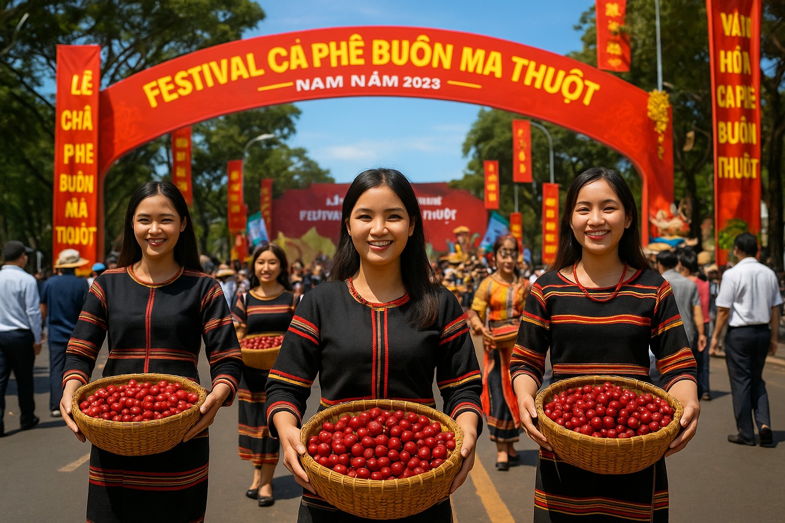 Drei junge Vietnamesinnen in traditionellen Festtagskostümen tragen Körbe voller roter Kaffeekirschen beim Kaffee-Festival in Buôn Ma Thuột, während rote Banner mit vietnamesischen Schriftzügen die Straße schmücken.