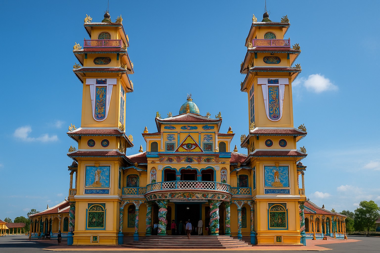 Die Cao-Dai-Kathedrale in Tây Ninh, Vietnam, mit ihrer farbenprächtigen Fassade, den beiden Türmen, Drachenverzierungen und dem Symbol des göttlichen Auges über dem Eingang.