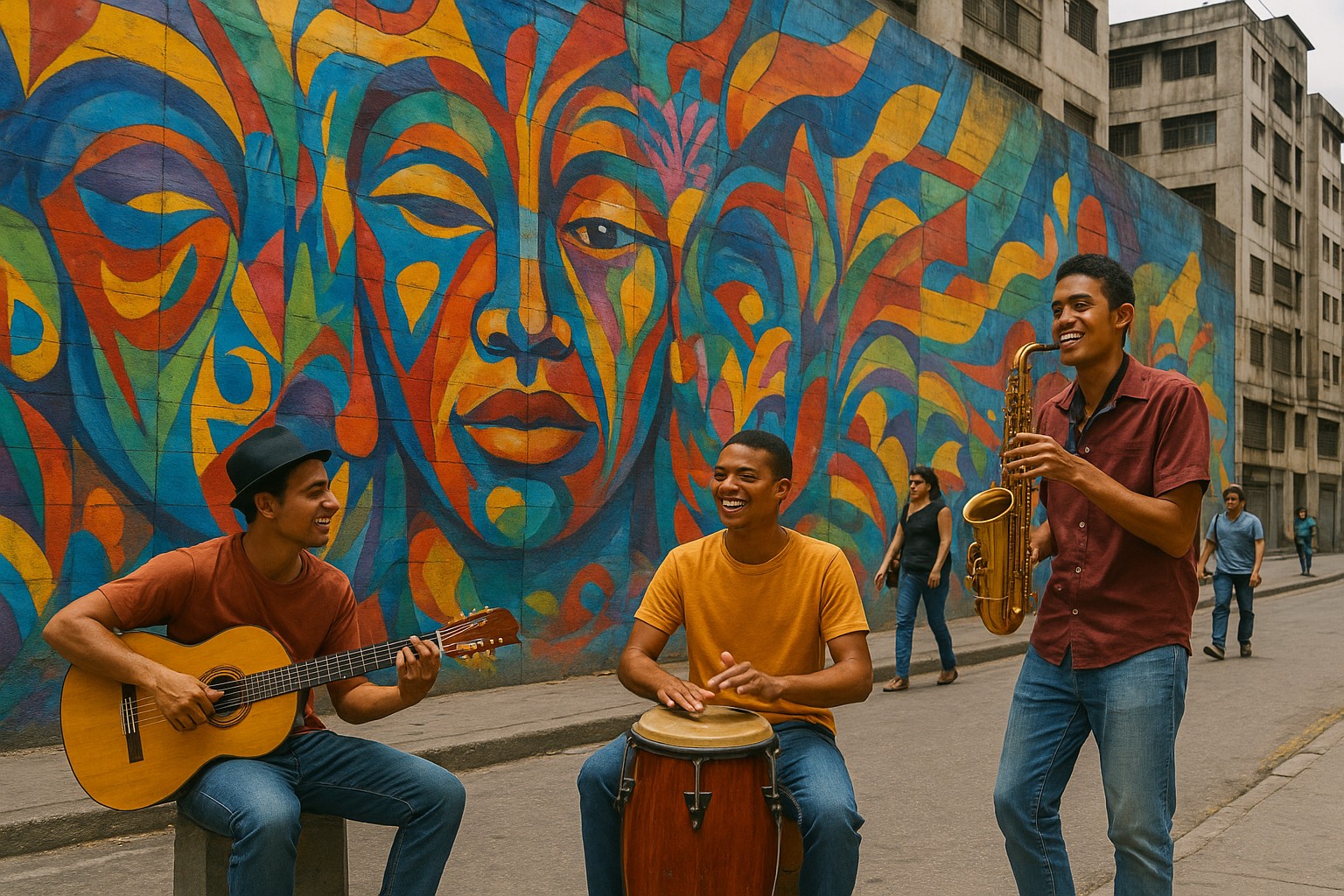 Straßenszene in Caracas: Drei junge Musiker spielen Salsa – einer mit Gitarre, einer mit Conga und einer mit Saxophon – vor einer riesigen bunten Wandmalerei, während im Hintergrund graue Wohnblocks und einige Passanten zu sehen sind.
