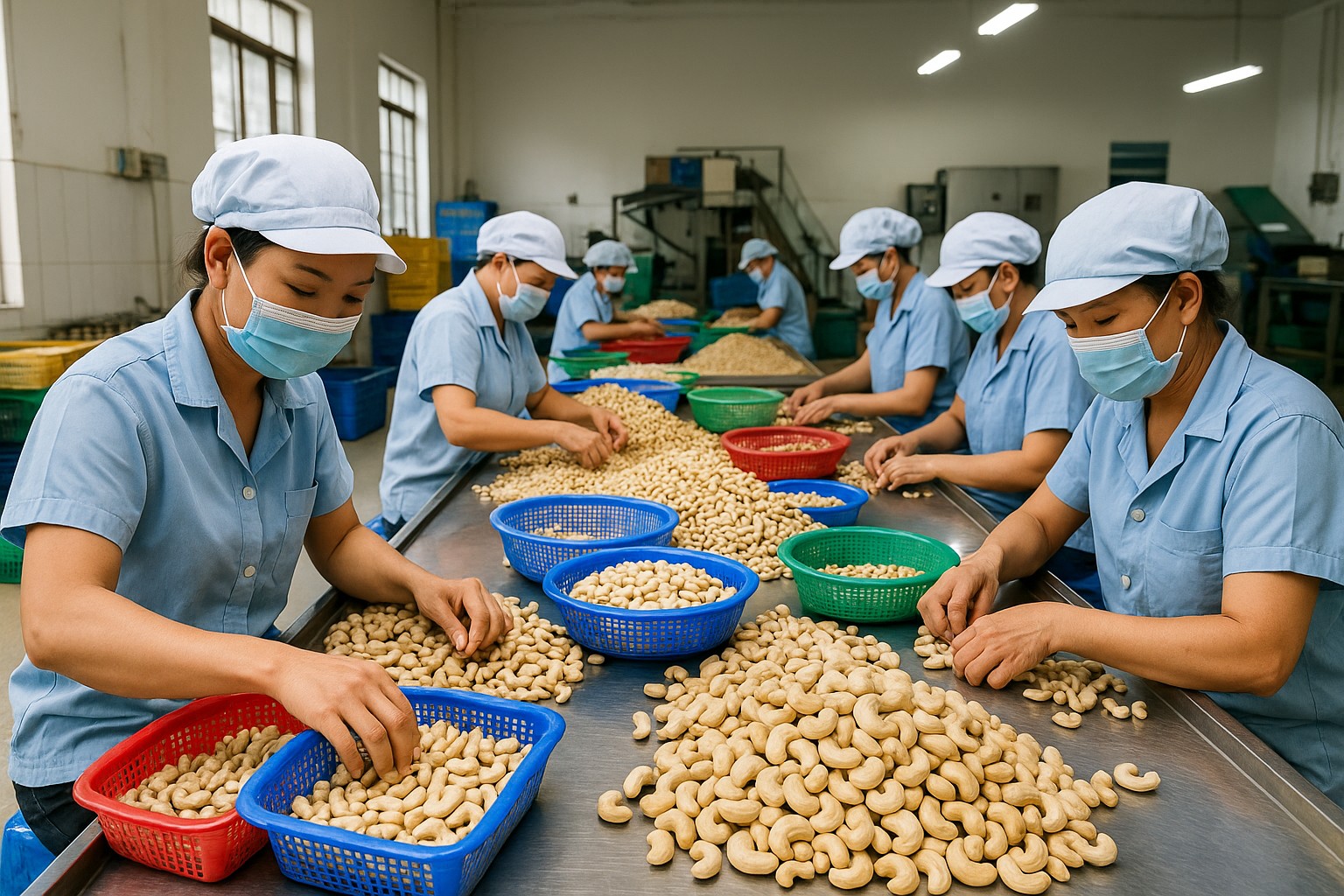 Arbeiterinnen in blauen Uniformen sortieren Cashewnüsse an einem Edelstahltisch in einer vietnamesischen Verarbeitungsfabrik.