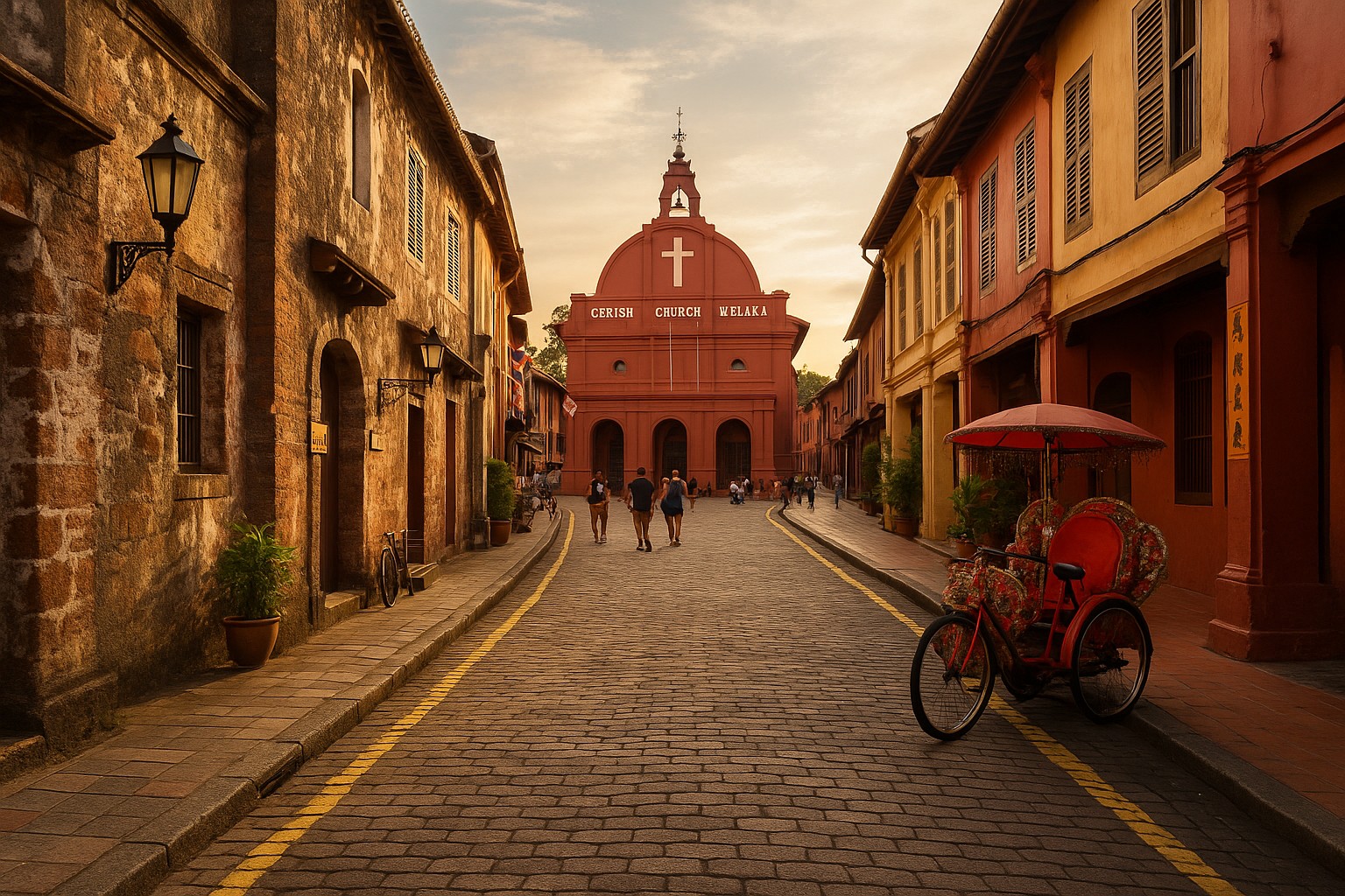 Historische Straße in Malakka mit Kopfsteinpflaster, kolonialen Gebäuden und dem roten Christ Church im Hintergrund; im Vordergrund steht eine verzierte Rikscha.