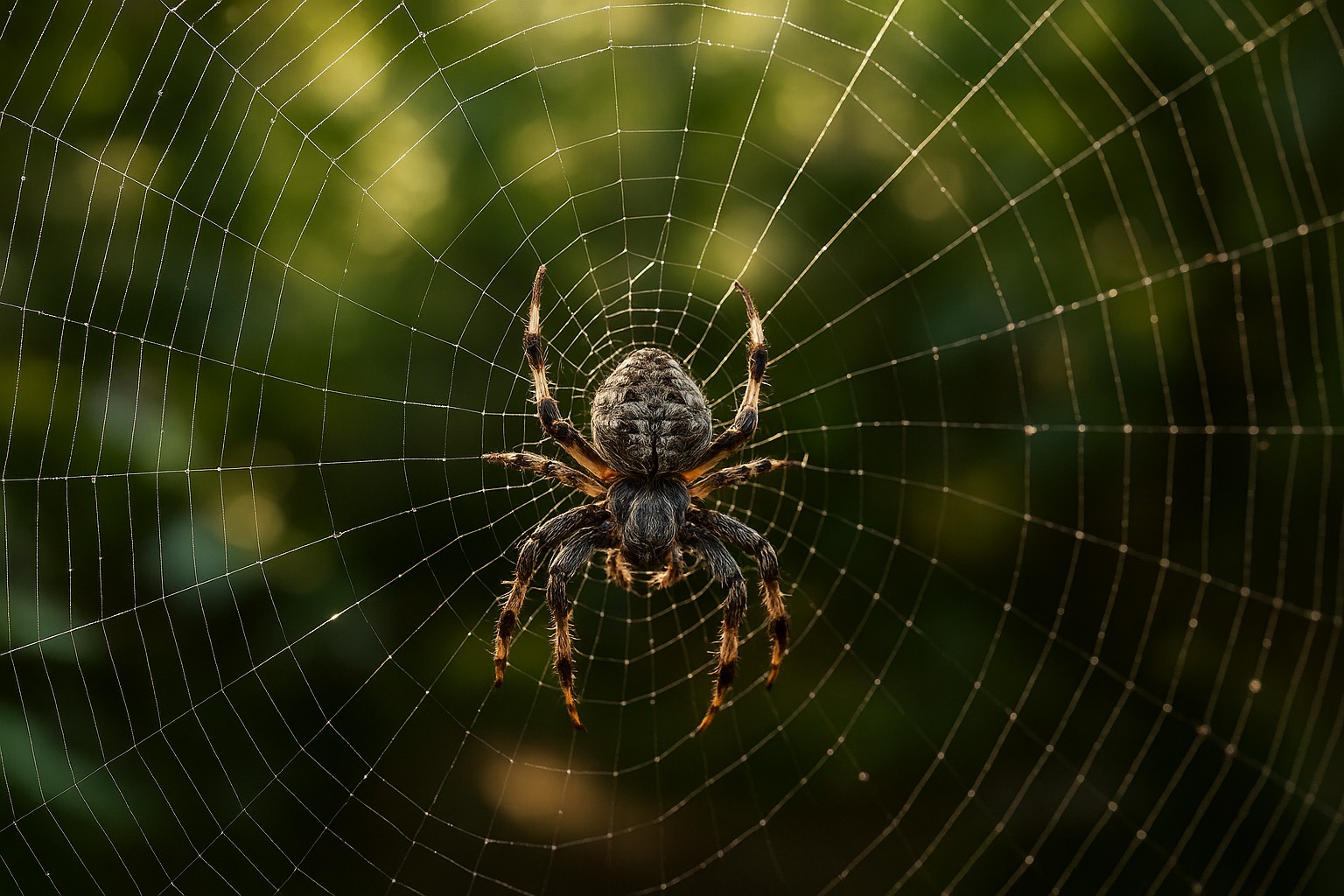 Ein Darwin-Rindenspinne sitzt im Zentrum ihres riesigen, perfekt kreisförmigen Netzes in einem Regenwald von Madagaskar. Die Sonnenstrahlen lassen die seidigen Fäden silbrig glänzen, während kleine Tautropfen an den Strängen funkeln.