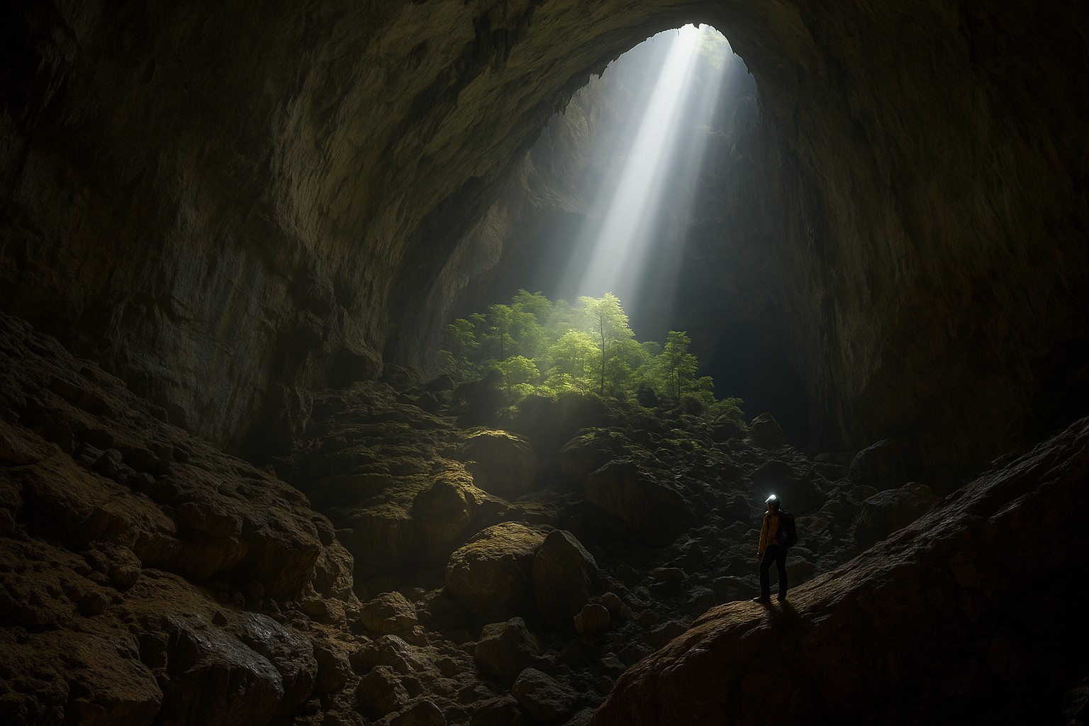 Ein hochauflösendes Foto zeigt einen riesigen unterirdischen Höhlenraum im Nationalpark Phong Nha-Kẻ Bàng in Vietnam. In der Mitte fällt ein Sonnenstrahl durch eine Öffnung von oben auf eine kleine grüne Waldinsel, während ein einzelner Forscher mit Stirnlampe auf einem Felsvorsprung steht.