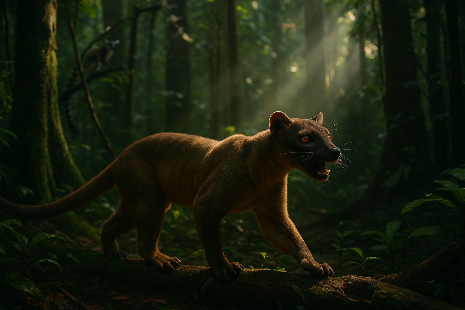 Fossa (Cryptoprocta ferox) bewegt sich schleichend durch den Regenwald Madagaskars, während ein Lemur im Hintergrund vorsichtig zuschaut.