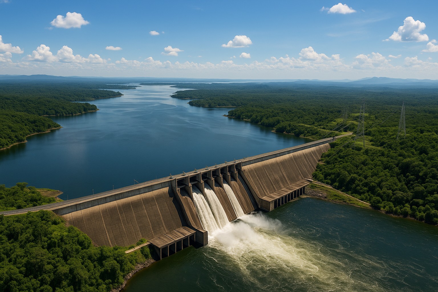 Luftaufnahme des Guri-Staudamms in Venezuela: Das monumentale Bauwerk spannt sich über den Caroní-Fluss, während gewaltige Wassermassen aus den Schleusen strömen. Dahinter erstreckt sich der riesige Guri-Stausee, umgeben von dichter grüner Amazonas-Vegetation.
