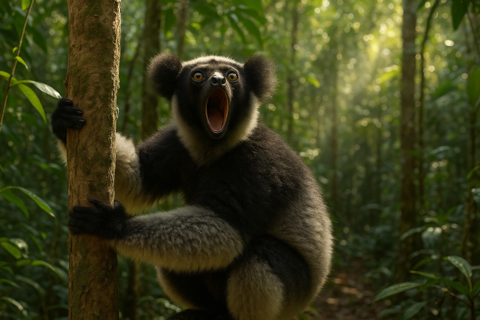 Indri-Lemur in den Regenwäldern Madagaskars, klammert sich an einen Baumstamm und ruft mit weit geöffnetem Maul.