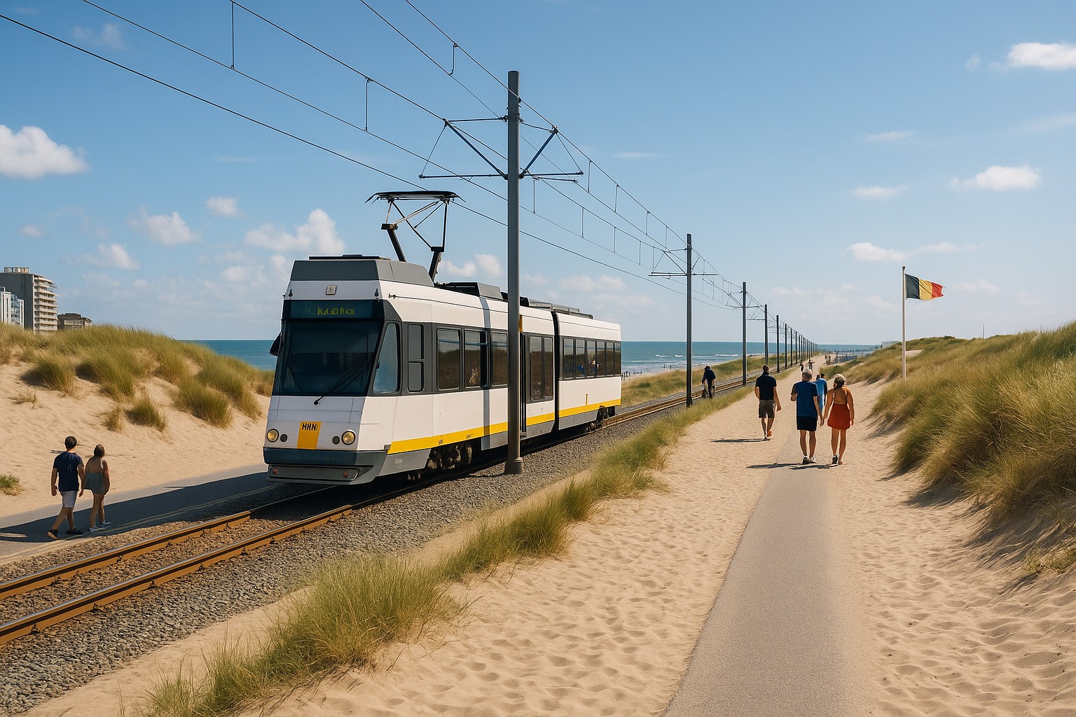 Ein fotorealistisches Bild zeigt den Küstentram von Belgien, der parallel zum Strand der Nordsee fährt. Sanddünen mit Gras umgeben die Schienen, während Fußgänger und Radfahrer auf den Wegen unterwegs sind. Eine belgische Fahne weht im Wind.