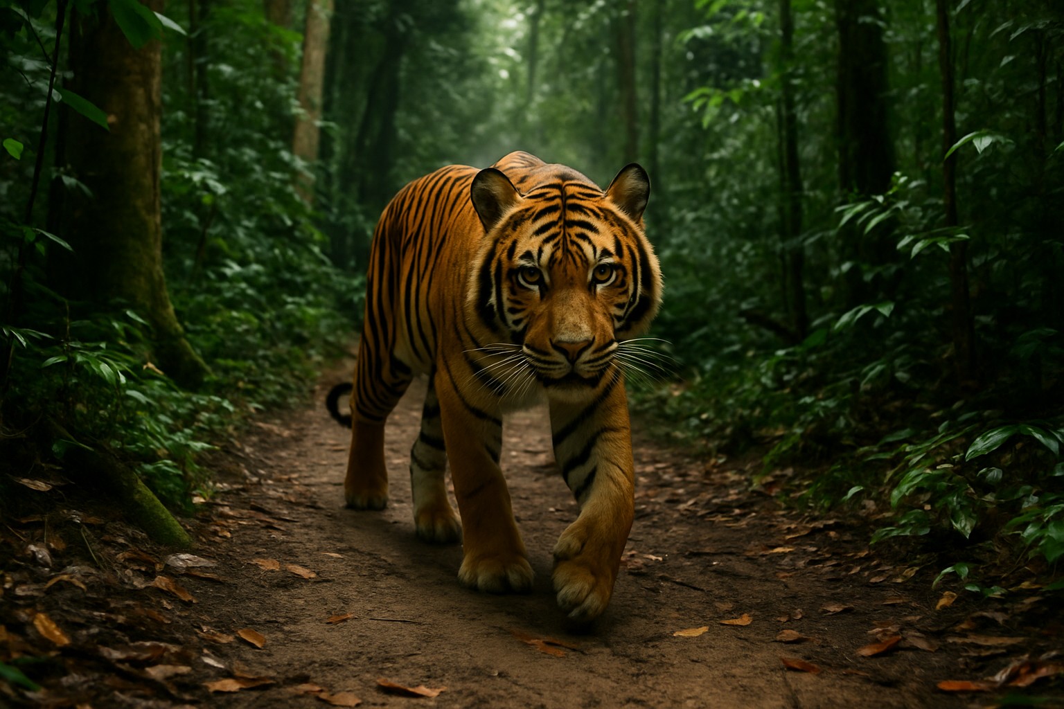 Ein malaiischer Tiger schreitet vorsichtig auf einem schmalen Waldpfad durch den tropischen Regenwald, während Sonnenstrahlen sein orange-schwarz gestreiftes Fell durchbrechen.