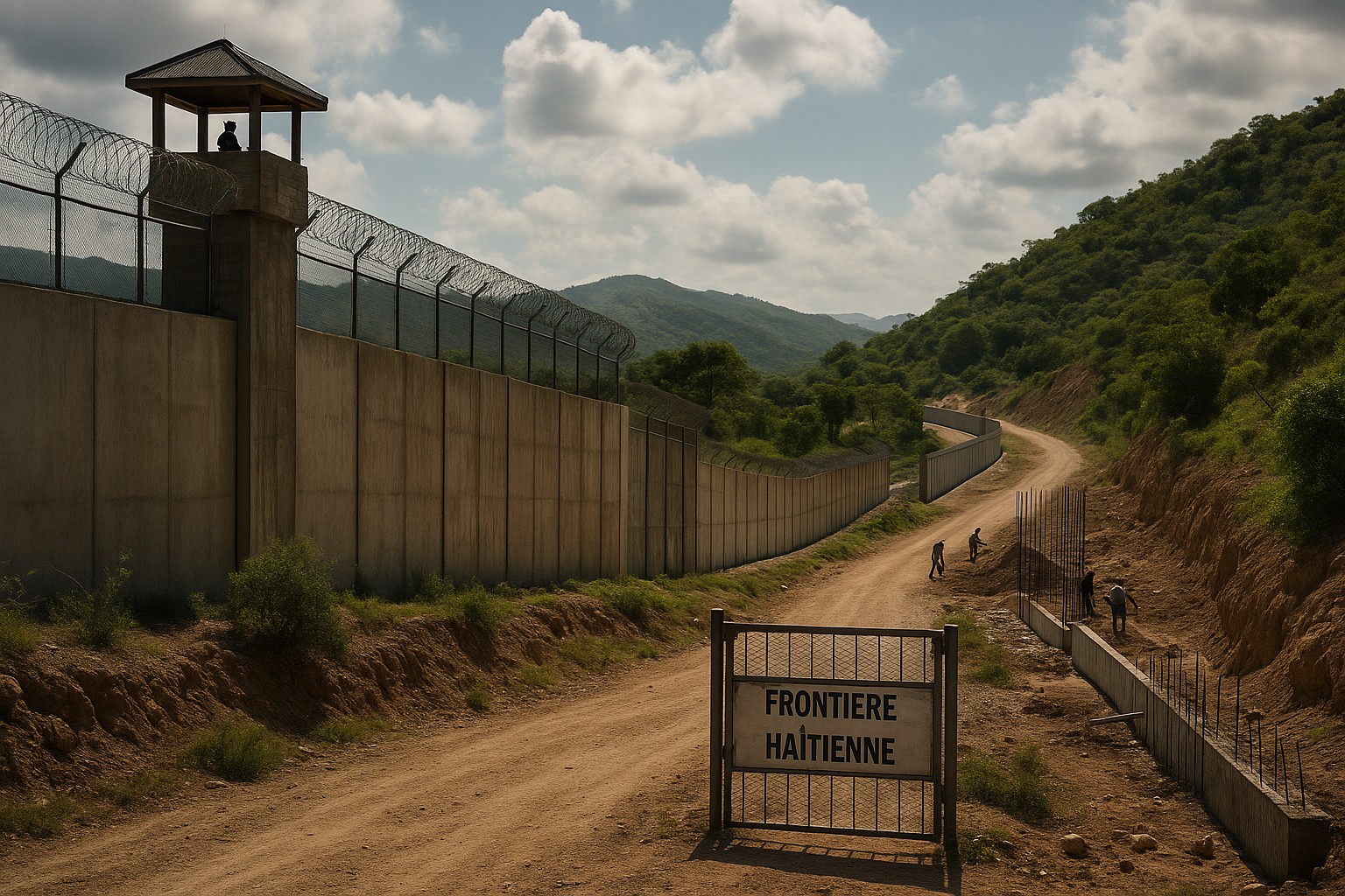 Ein hoher Grenzwall aus Beton trennt Haiti und die Dominikanische Republik; ein Wachtturm mit Soldat, Stacheldraht und Arbeiter beim Bauabschnitt neben einem Schild „Frontière Haïtienne“.
