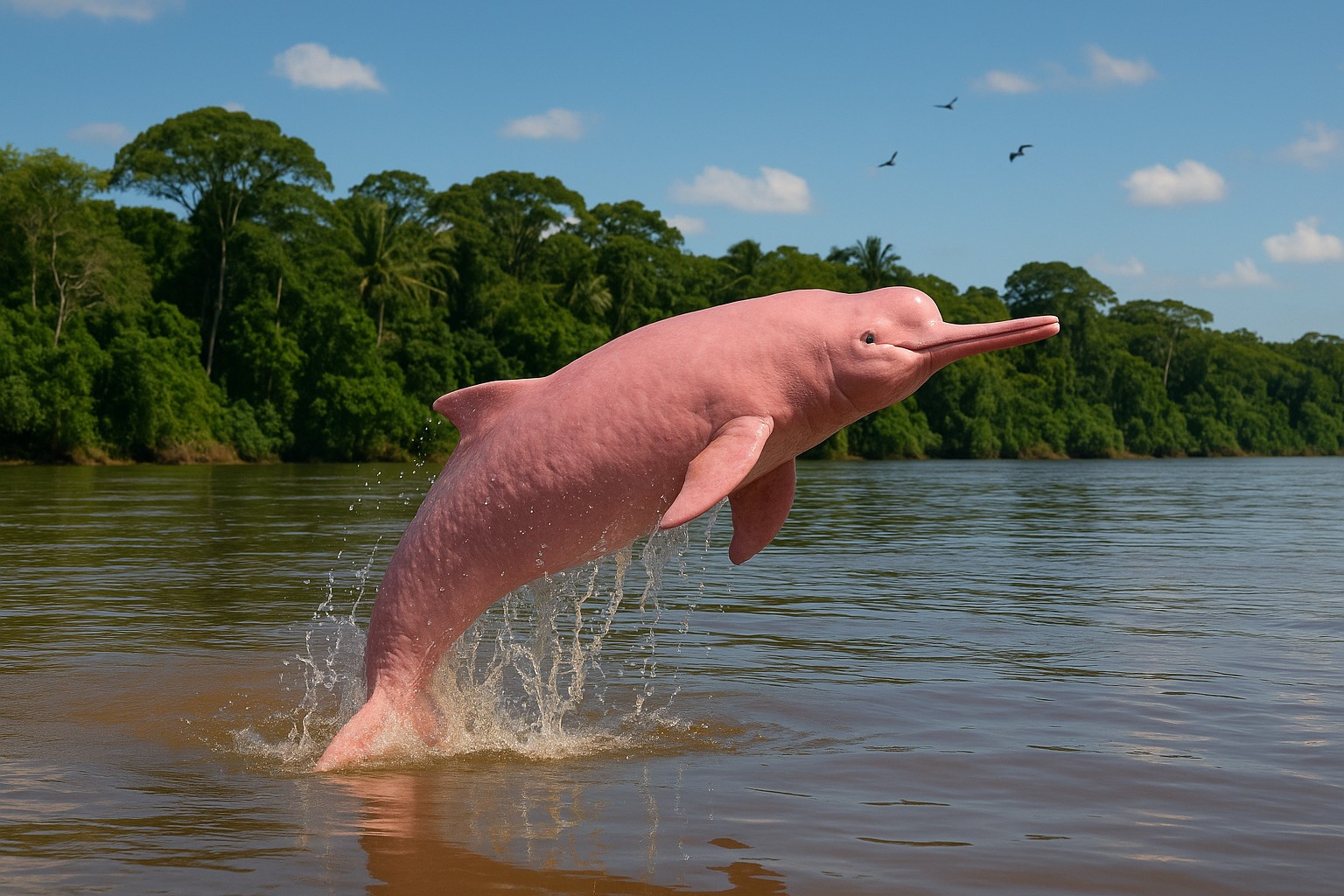 Ein rosa Flussdelfin springt elegant aus dem Orinoco in Venezuela, während Wassertröpfchen um ihn herum spritzen. Im Hintergrund dichter Regenwald und klarer blauer Himmel mit einigen Vögeln.
