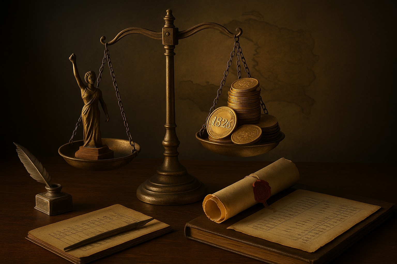 Ein symbolisches Stillleben zeigt eine alte Messingwaage: Auf der einen Seite ein kleines Freiheits­symbol, auf der anderen Seite ein Stapel französischer Goldmünzen mit der Aufschrift „1825“.
