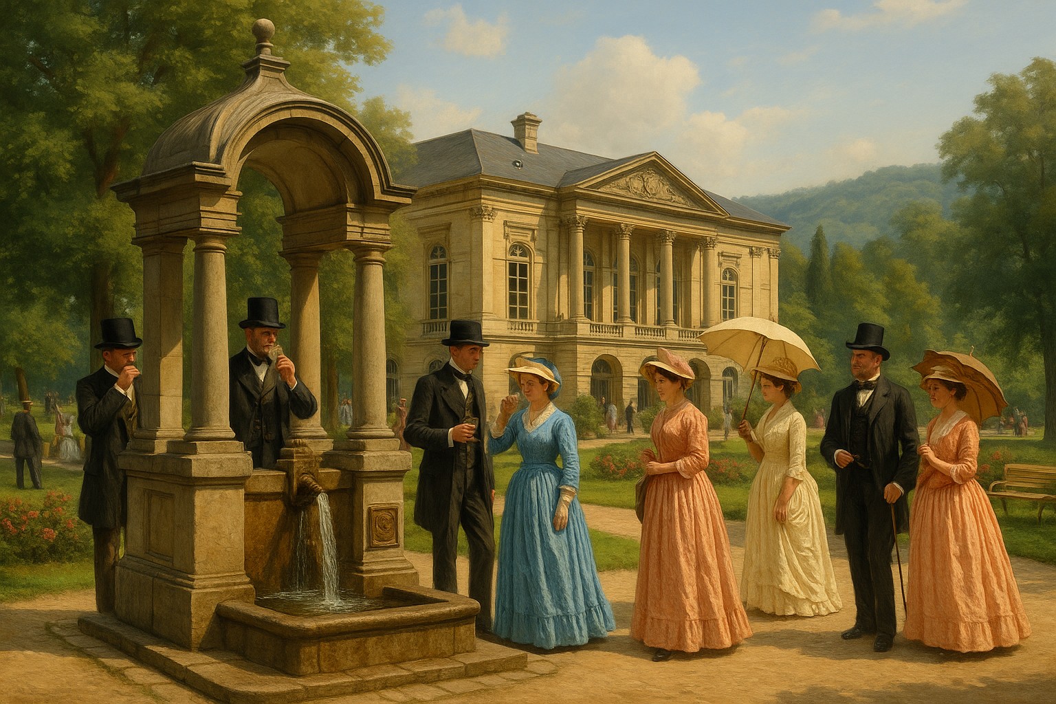 Ein fotorealistisches Bild zeigt die belgische Stadt Spa im 19. Jahrhundert. Im Vordergrund trinken elegante Damen in langen Kleidern und Herren im Anzug mit Zylinder am mineralischen Brunnen „Pouhon“.