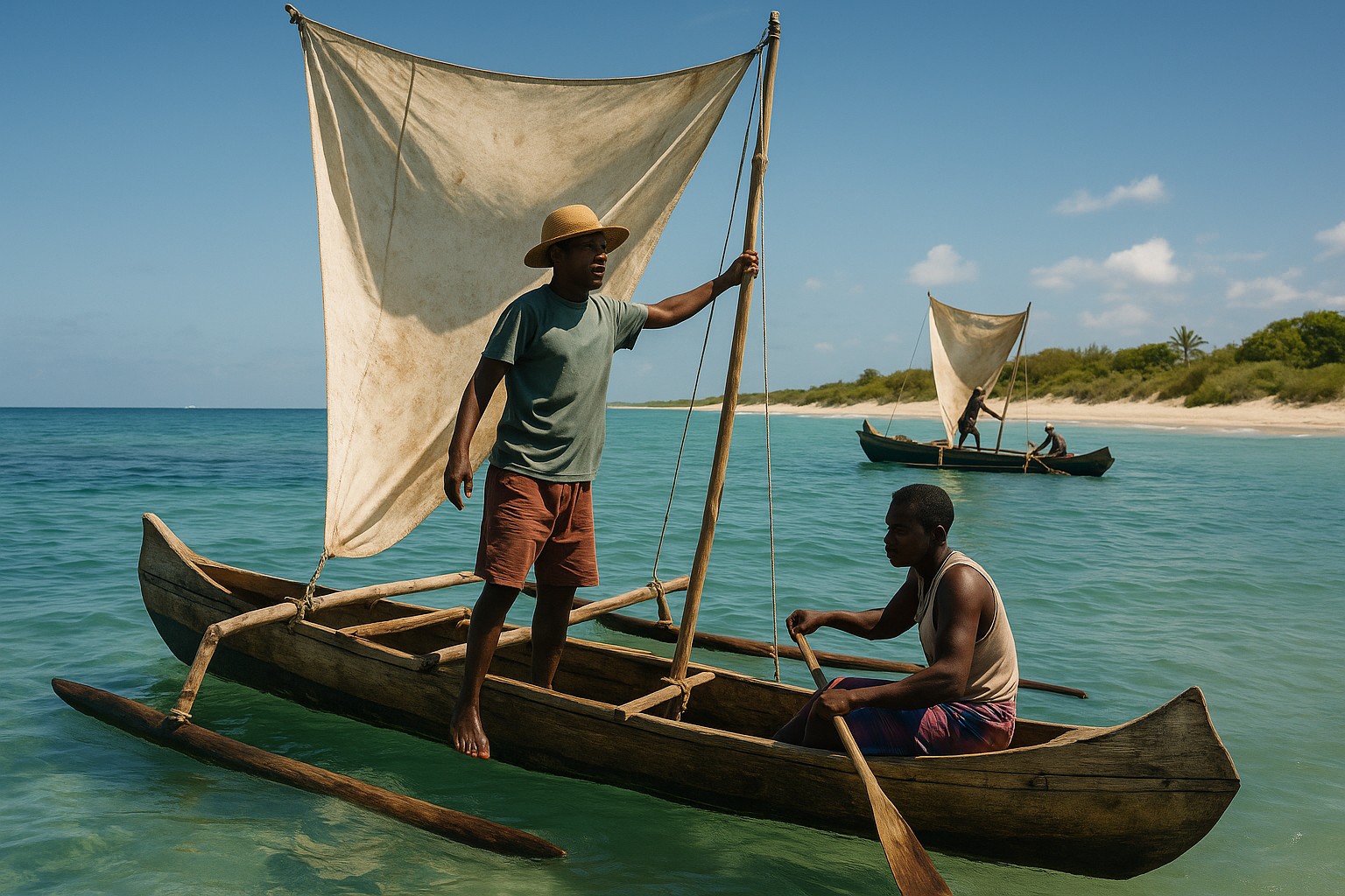 Vezo-Fischer auf traditionellen Lakana-Booten mit Auslegern, segeln vor der Südwestküste Madagaskars im türkisfarbenen Wasser.