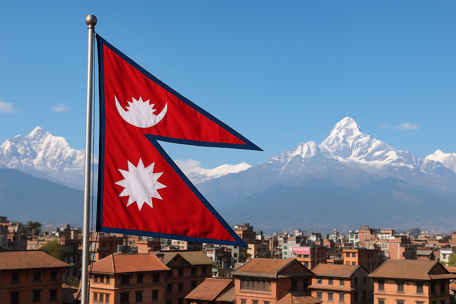 Die nepalesische Nationalflagge flattert vor blauem Himmel, mit den schneebedeckten Gipfeln des Himalaya im Hintergrund und den roten Dächern von Kathmandu im Vordergrund.