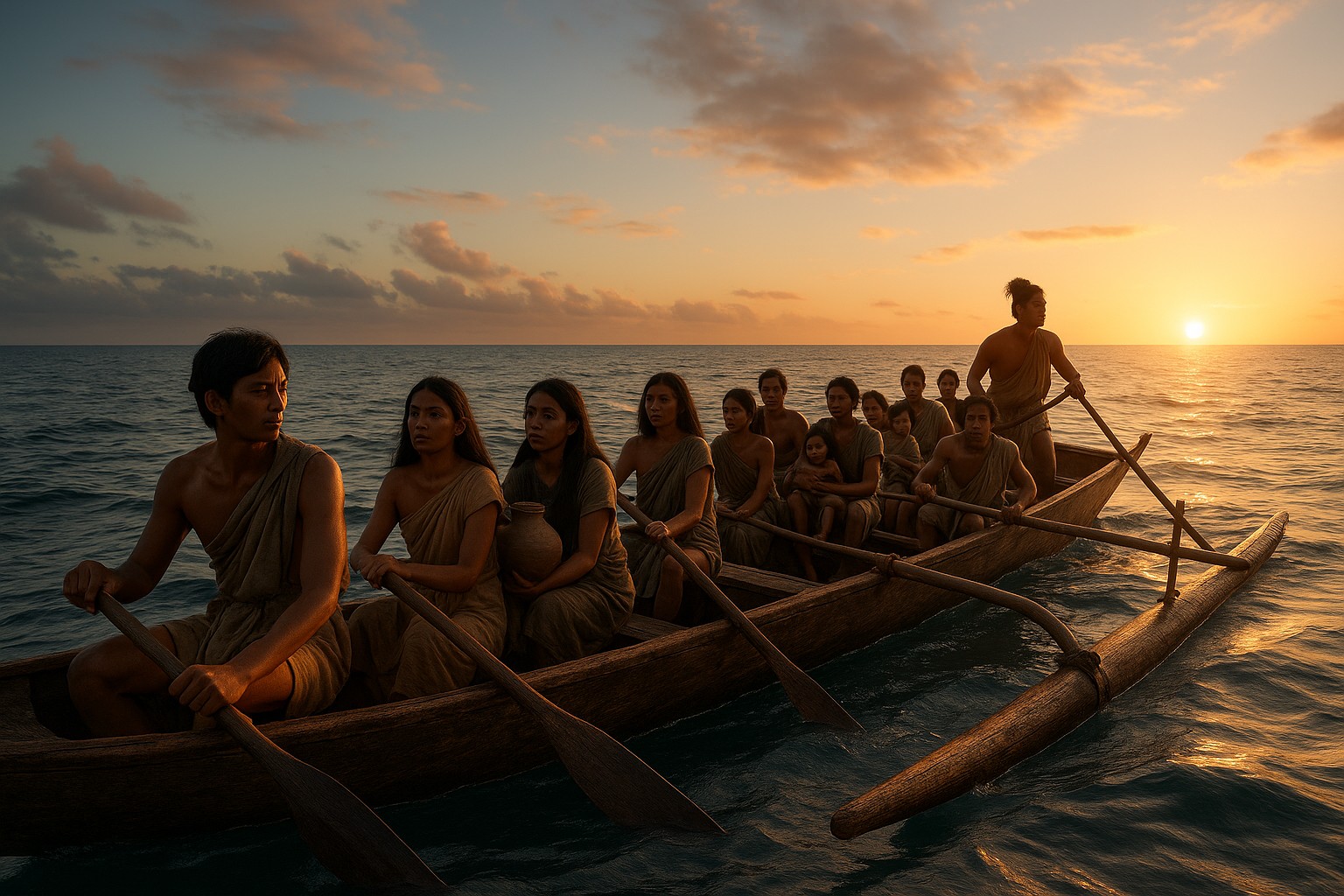 Zwölf austronesische Siedler fahren bei Sonnenaufgang in einem traditionellen Auslegerkanu über den Indischen Ozean; Männer und Frauen rudern, während Kinder und Frauen einfache Gefäße halten.
