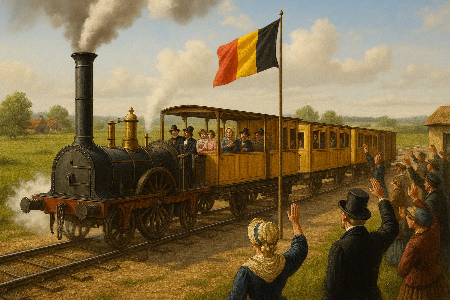 Eine fotorealistische historische Szene zeigt die erste belgische Dampflokomotive von 1835, die mit Holz­waggons und Passagieren in Kleidung des 19. Jahrhunderts von einer Station abfährt, während Menschen mit Hüten und Schals jubelnd winken.