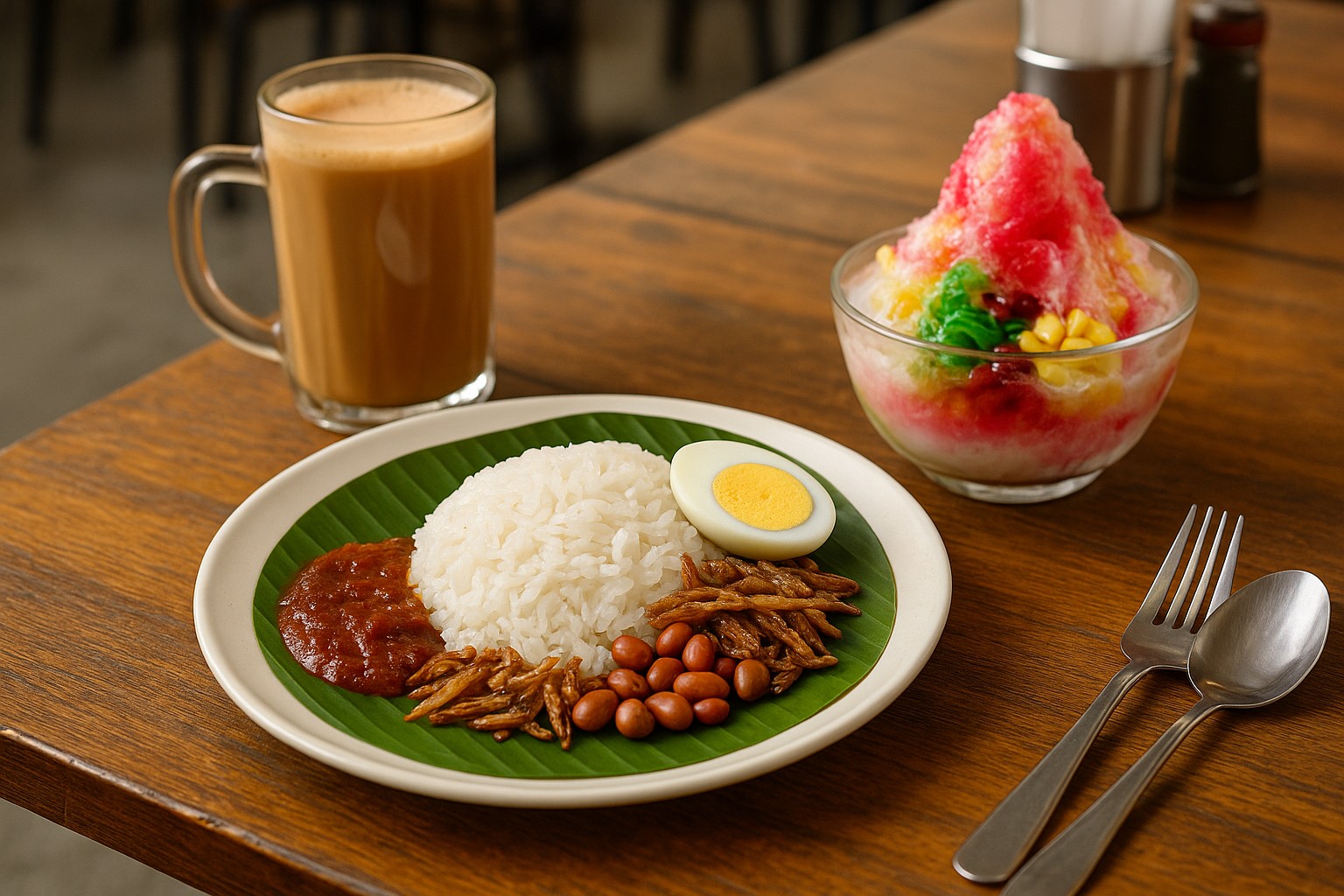 Traditionelle malaysische Speisen auf einem Holztisch: Nasi Lemak mit Reis, Sambal, Anchovis, Erdnüssen und Ei; daneben ein Glas Teh Tarik mit Schaum und eine bunte Schale Ais Kacang mit Bohnen, Mais und Sirup.