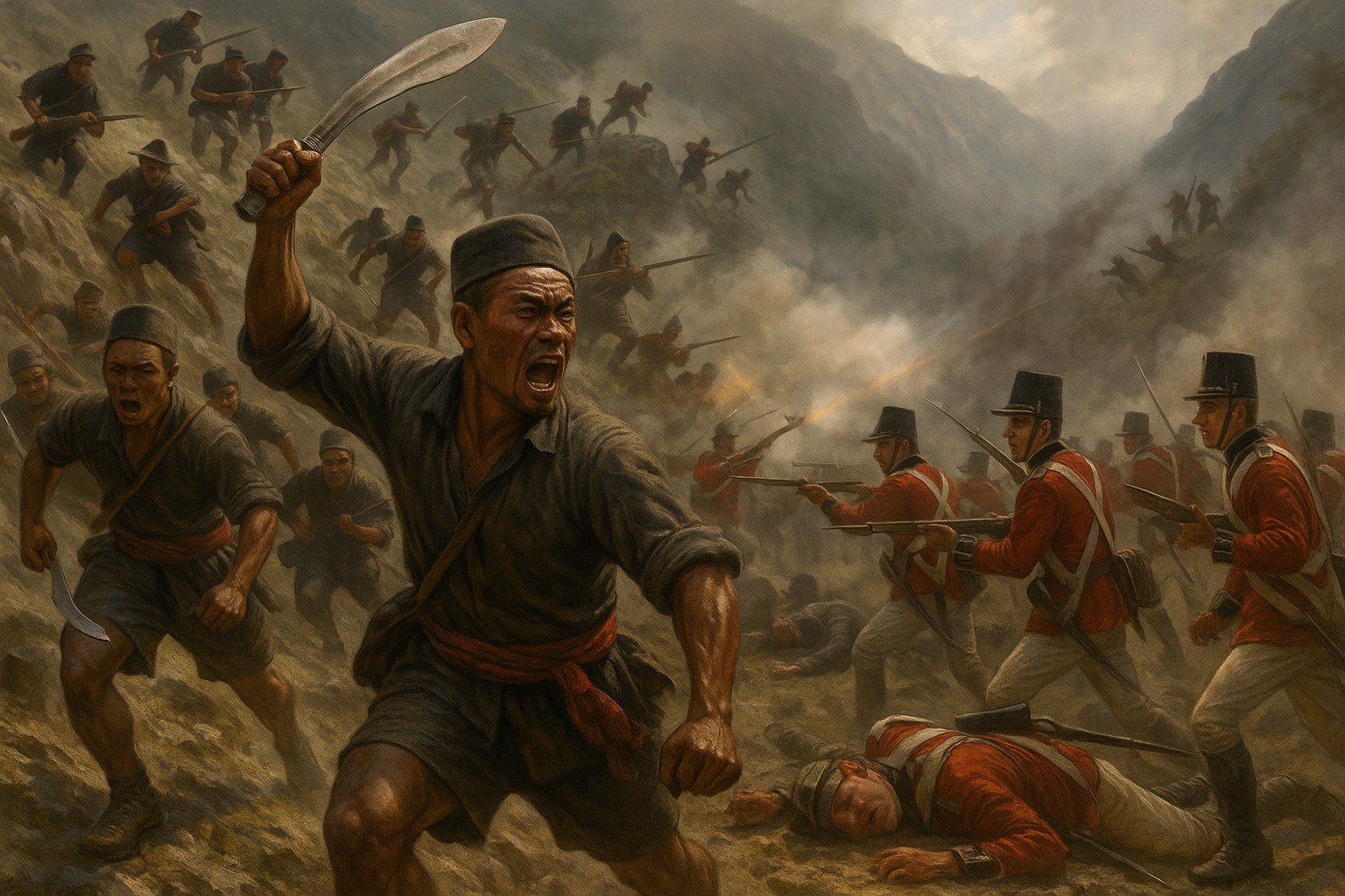 Eine historische Darstellung der Schlacht von Nalapani (1815) zeigt Gurkha-Krieger, die mutig eine Festung gegen die britische Armee verteidigen, umgeben von steilen Hügeln und dichter Vegetation.