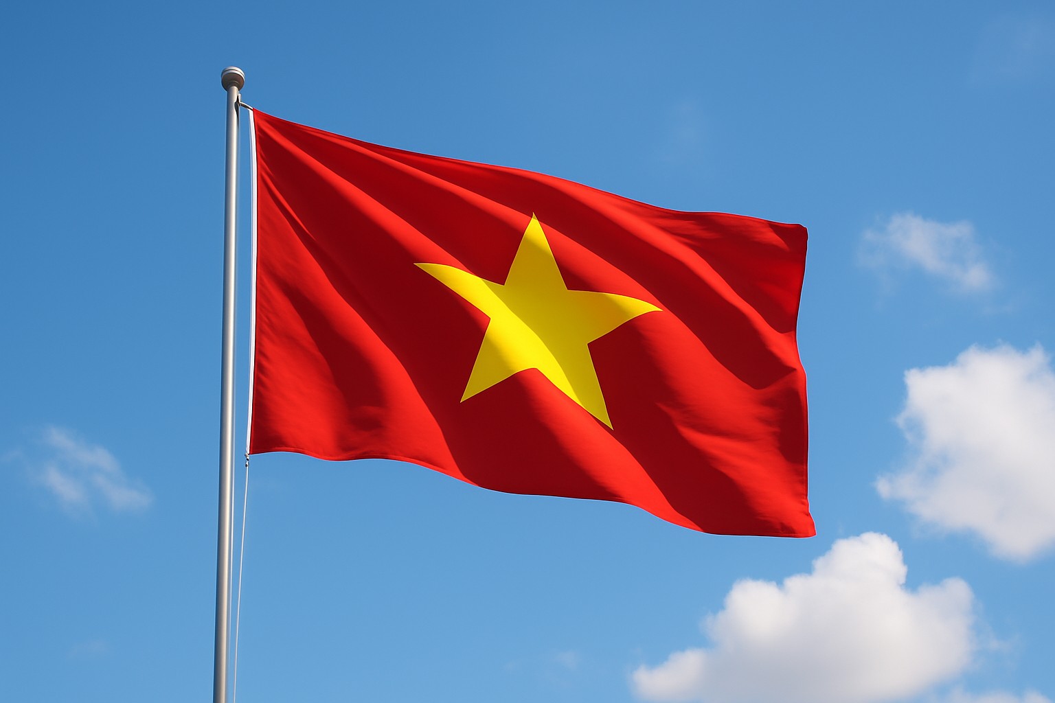 Die vietnamesische Nationalflagge weht stolz vor einem klaren blauen Himmel mit wenigen weißen Wolken. Der goldene Stern auf rotem Hintergrund ist deutlich sichtbar, während die Fahne an einem silbernen Mast befestigt ist.