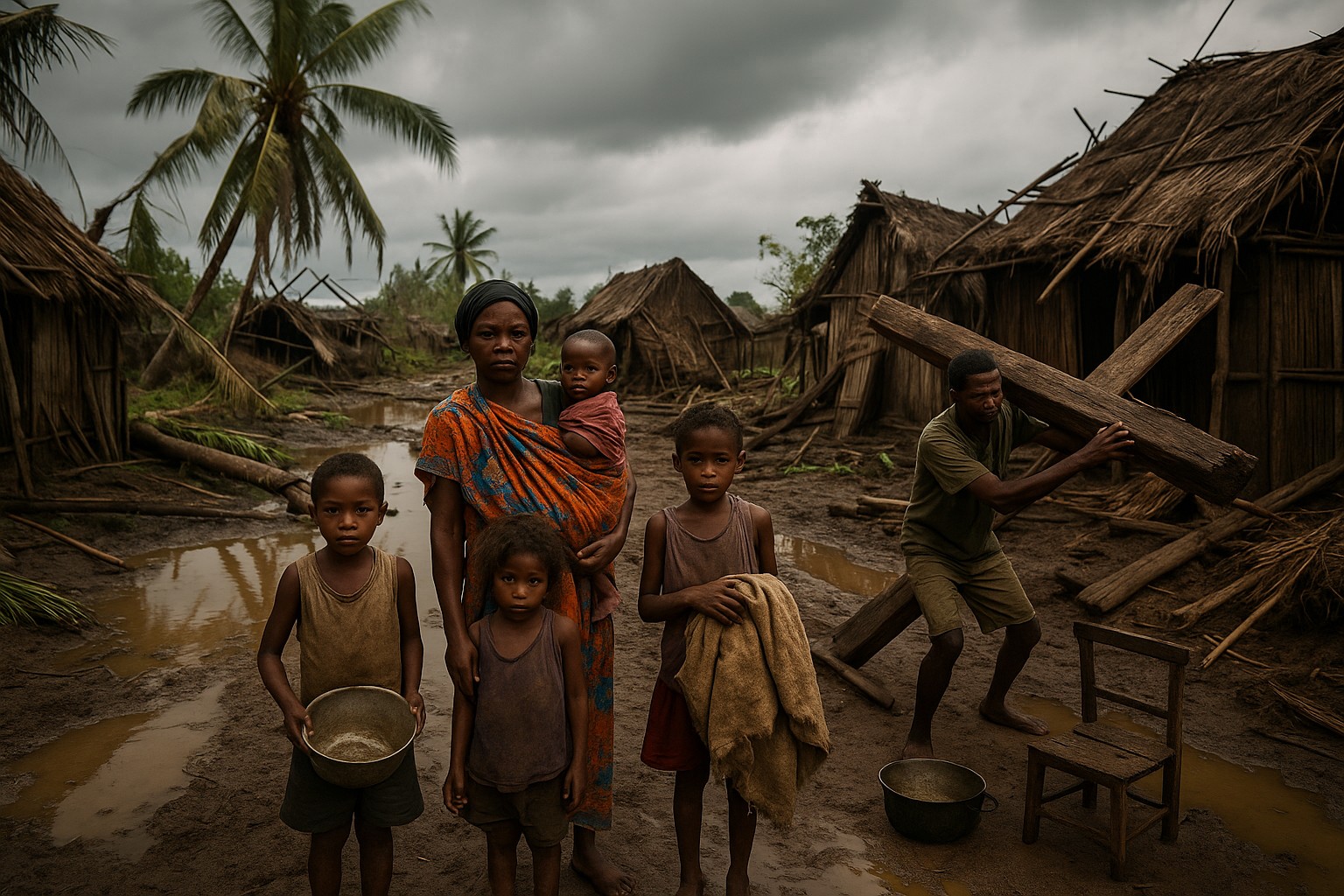 Eine madagassische Familie steht nach einem Zyklon vor den Trümmern ihres Hauses; die Mutter trägt ein Baby im Tuch, während Kinder barfuß im Schlamm stehen und einfache Gefäße halten, der Vater hebt einen schweren Holzbalken.