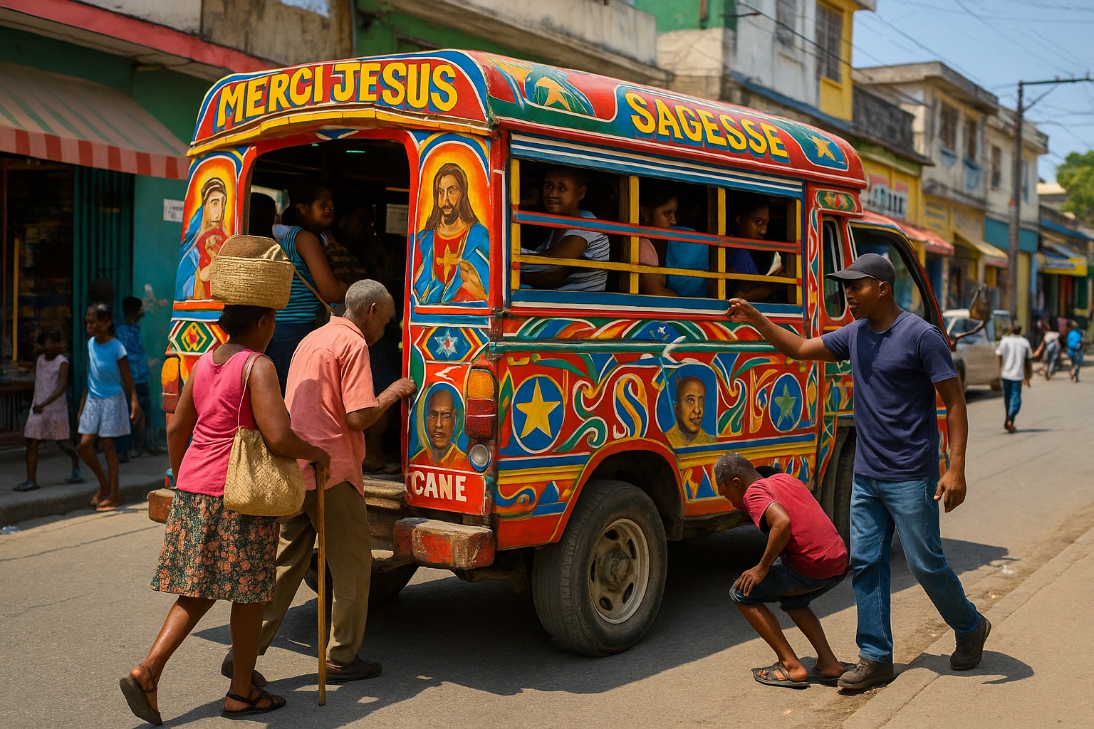 Ein bunt bemalter haitianischer Tap-Tap-Minibus steht am Straßenrand, während Passagiere ein- und aussteigen; darunter eine Frau mit Korb auf dem Kopf und ein älterer Mann mit Gehstock.
