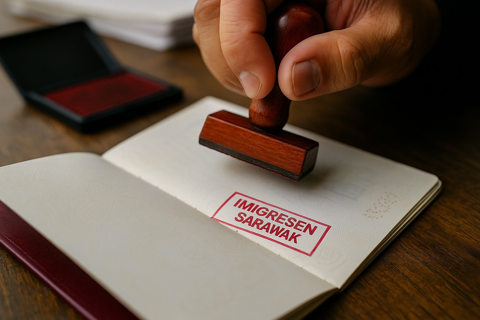 Nahaufnahme eines malaysischen Reisepasses, in den ein roter Einreisestempel mit der Aufschrift „IMIGRESEN SARAWAK“ gedrückt wird, während die Hand eines Beamten den Holzstempel festhält.