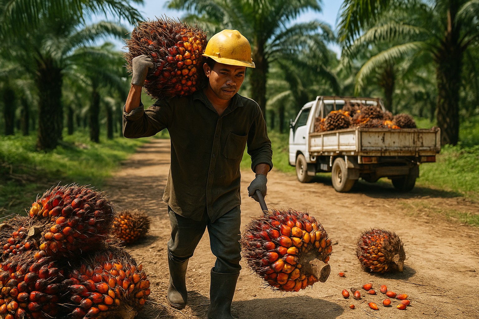 Ein Arbeiter in einer malaysischen Ölpalmenplantage trägt ein großes, frisch geerntetes Fruchtbündel auf der Schulter, während weitere Bündel am Boden und ein beladener Lastwagen im Hintergrund zu sehen sind.