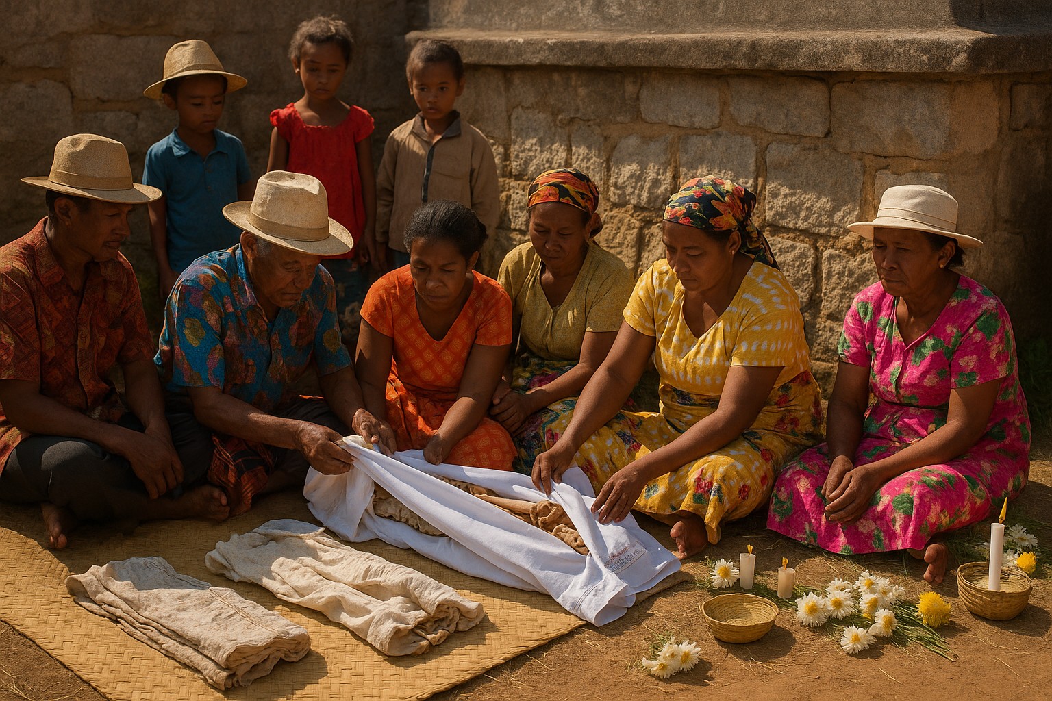 Madagassische Familienmitglieder wickeln bei der Famadihana-Zeremonie in den Hochländern die Gebeine von Vorfahren in weiße Tücher, umgeben von Blumen, Kerzen und neugierig zuschauenden Kindern.