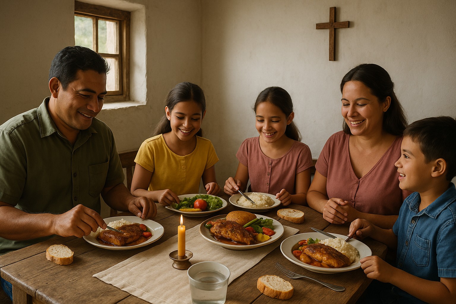 Ein hochrealistisches Foto zeigt eine venezolanische Familie mit zwei Kindern, die in einem einfachen Landhaus um einen Holztisch sitzt. Auf den Tellern liegt zubereitetes Capybara-Fleisch mit Reis, Gemüse und Brot. Durch ein kleines Fenster fällt Tageslicht, und an der Wand hängt ein Kreuz.
