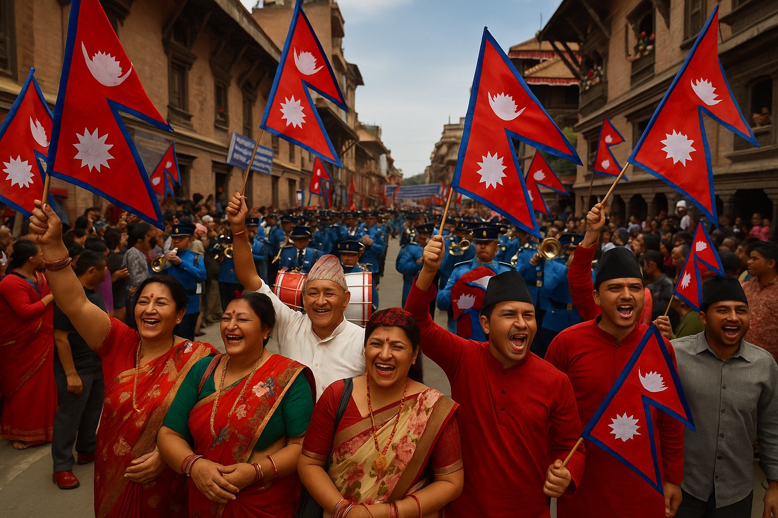 Eine Straßenparade in Kathmandu zeigt fröhliche Nepalesen in traditionellen Kleidern, die Nationalflaggen schwenken, während im Hintergrund eine Marschkapelle in blauen Uniformen spielt.
