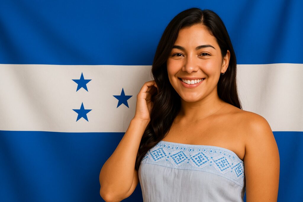 Junge Honduranerin in einem weißen, ärmellosen Sommerkleid lächelt freundlich vor der Flagge von Honduras (blau–weiß–blau mit fünf Sternen).