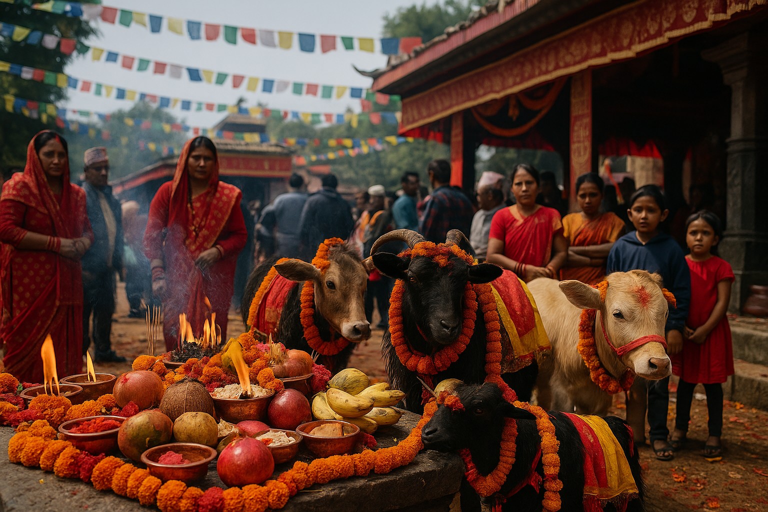 Eine Szene beim Gadhimai-Festival in Nepal zeigt ein traditionelles Opferaltar mit Früchten, Öllampen und Blumen, während geschmückte Tiere mit Blumengirlanden und bunten Tüchern im Vordergrund stehen. Menschen in roter traditioneller Kleidung beobachten das Ritual im Hintergrund.