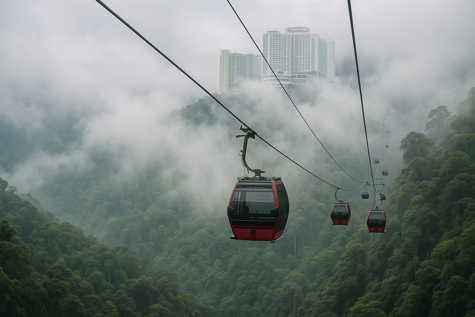 Rote Gondeln der Awana SkyWay schweben über dem dichten Regenwald der Genting Highlands, während im Hintergrund die Resortgebäude teilweise von Wolken und Nebel verdeckt sind.