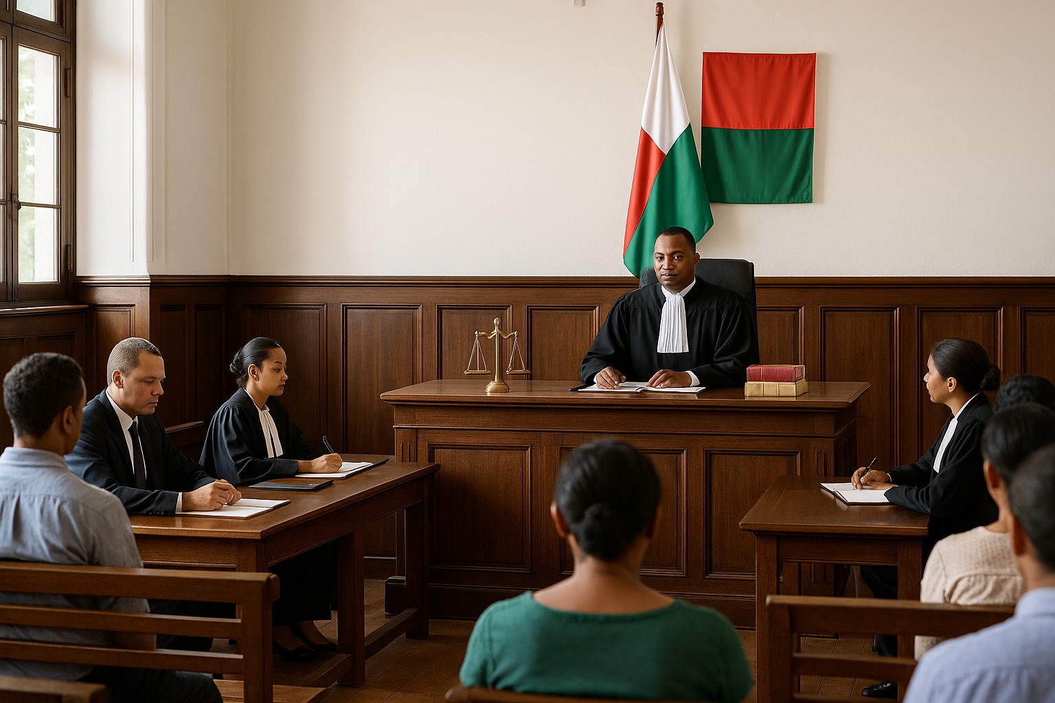 Ein Gerichtssaal in Madagaskar mit einem Richter in schwarzer Robe und weißem Kragen, der an einem erhöhten Pult sitzt. Vor ihm steht eine kleine Waage der Gerechtigkeit, während Anwälte und Bürger aufmerksam zuhören.