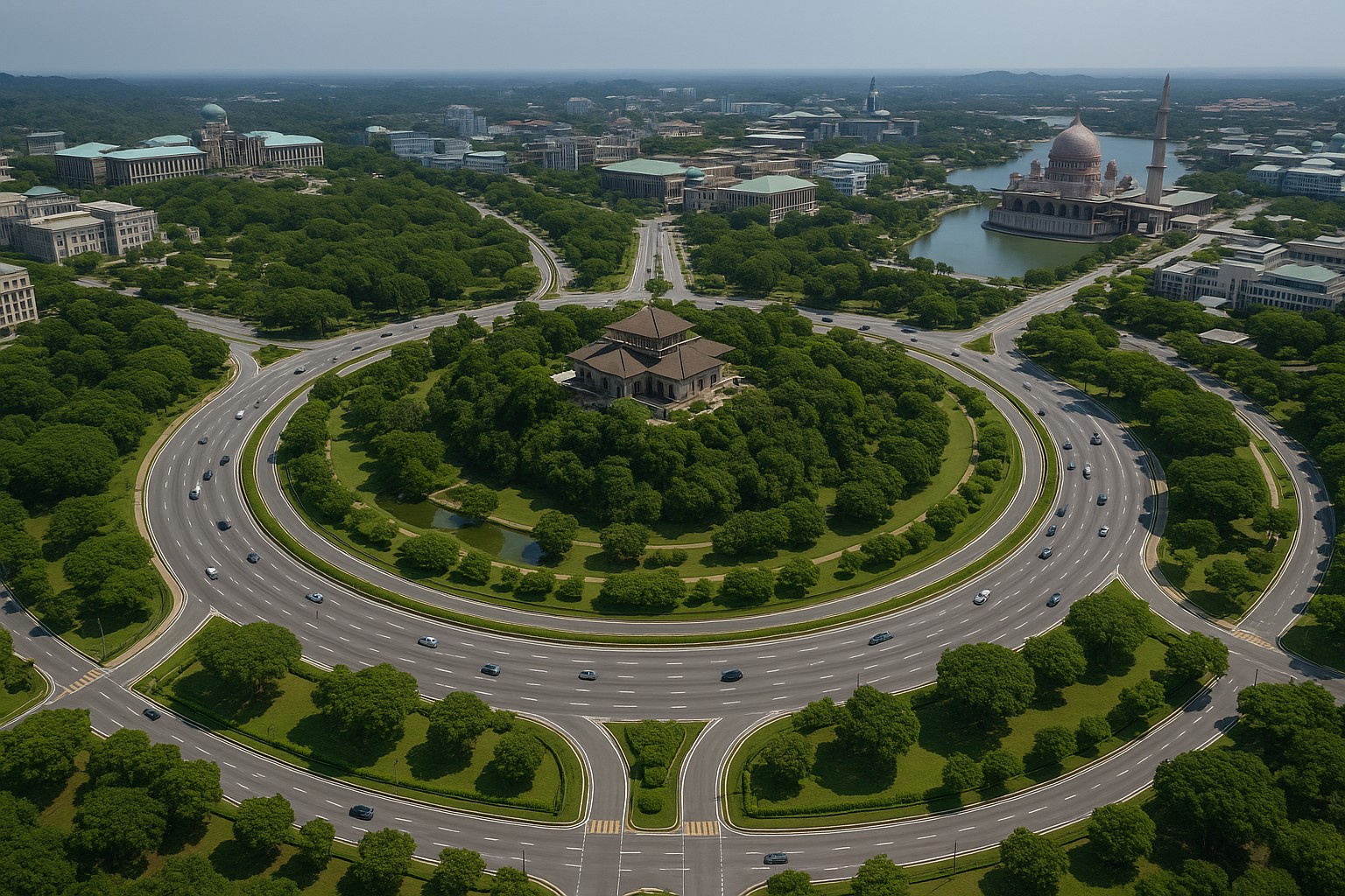 Luftaufnahme des Persiaran Sultan Salahuddin Abdul Aziz Shah Kreisverkehrs in Putrajaya, Malaysia, mit dem Istana Melawati im Zentrum, der Putra-Moschee und umgebenden Regierungsgebäuden.