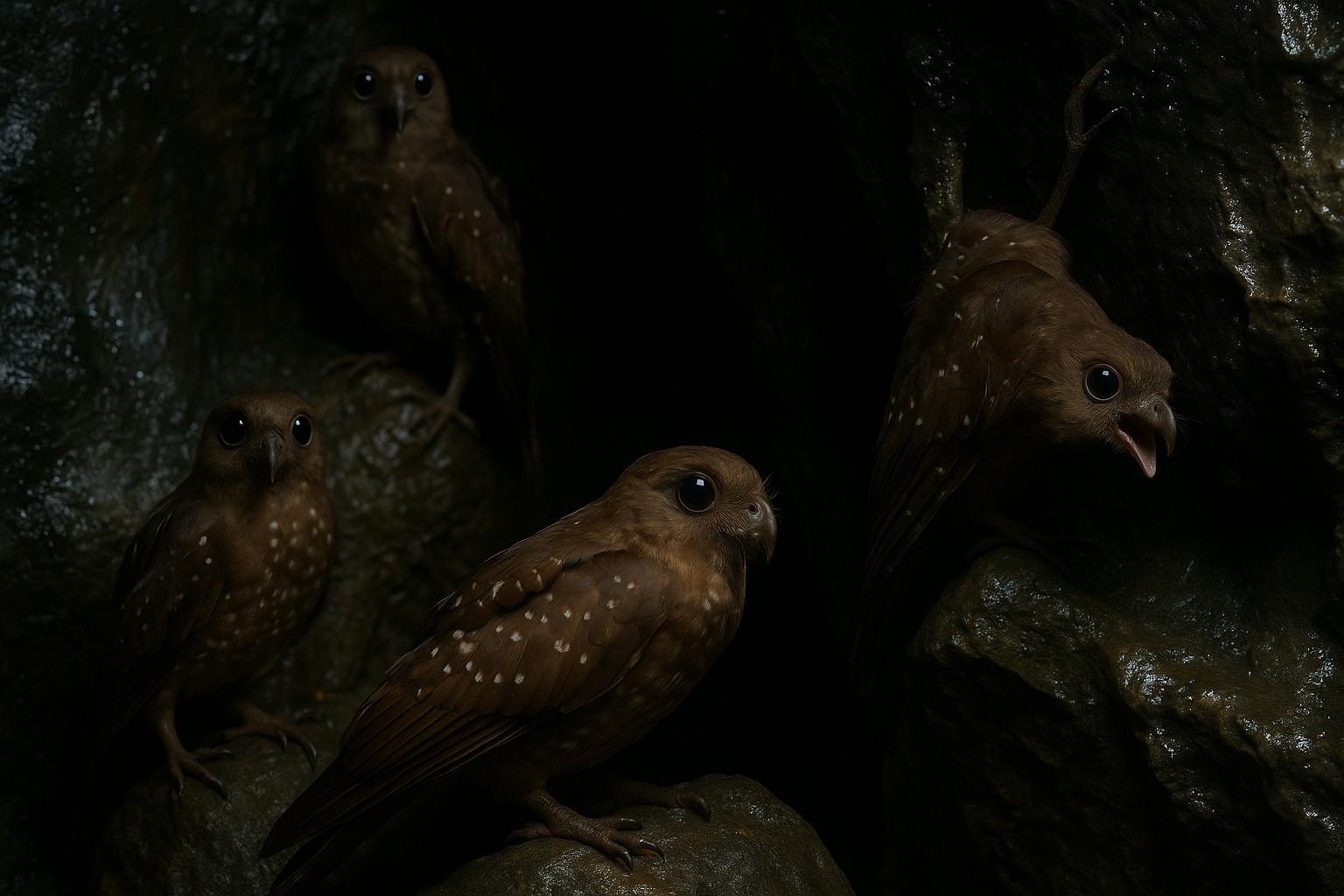 Vier Guácharo-Vögel (Ölvögel) sitzen im Inneren einer dunklen, feuchten Höhle auf nassen Kalksteinfelsen. Ihre großen reflektierenden Augen und braun geflecktes Gefieder sind im schwachen Licht sichtbar, einer mit geöffnetem Schnabel.

