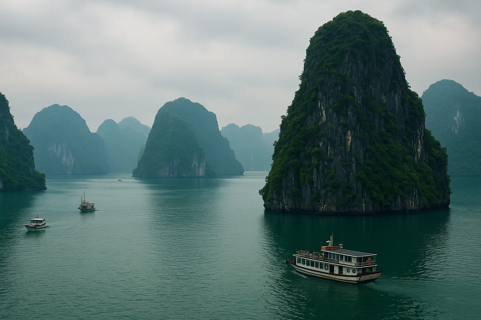 Halong-Bucht in Vietnam mit smaragdgrünem Wasser, steilen Karstfelsen und kleinen Booten, die zwischen den Inseln im Nebel fahren.