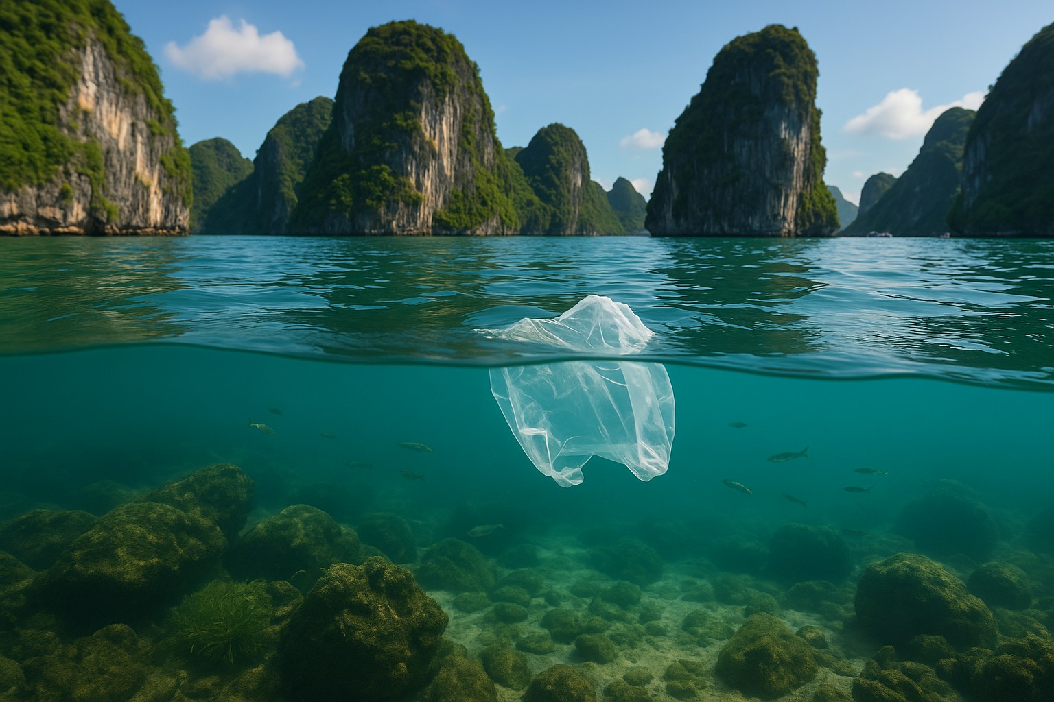Ein Split-View-Foto zeigt die Bucht von Hạ Long: Über der Wasseroberfläche türkisblaues Wasser und Karstinseln, während unter der Oberfläche ein einzelner Plastikbeutel zwischen Fischen und Felsen schwebt.