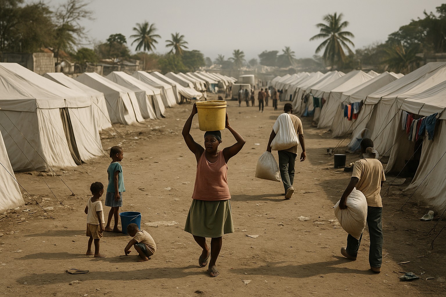 Ein Flüchtlingslager in Haiti nach dem Erdbeben von 2010, mit langen Reihen weißer Zelte, in deren Mitte Menschen Wasser und Lebensmittel tragen. Im Vordergrund läuft eine Frau mit einem gelben Eimer auf dem Kopf, während Kinder barfuß spielen.
